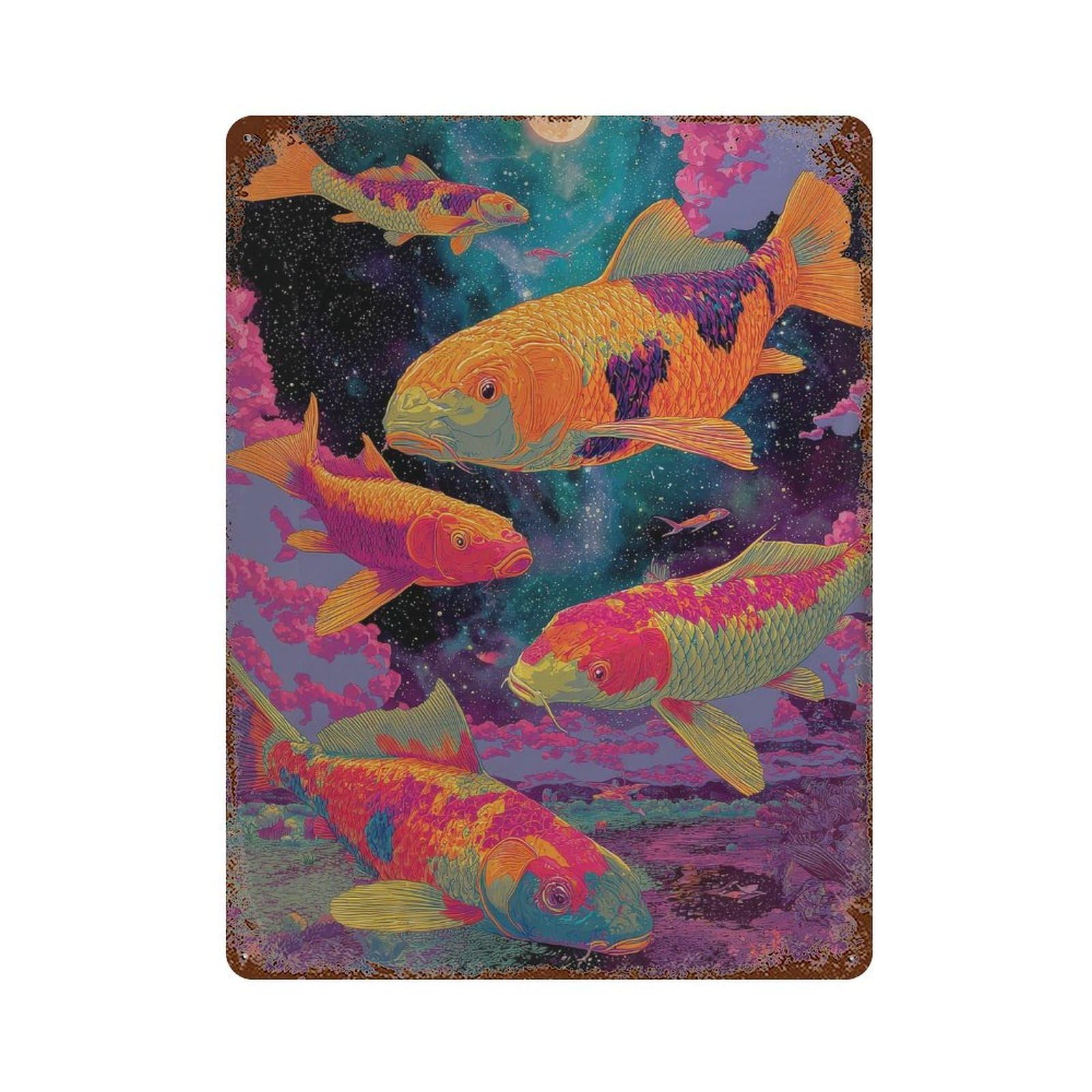 xiaoxiaoshen Koi Fish. Psychedelic Surreal Wall Decor Art Metal Tin Poster Modern Home Decor Art Home Bar Shop Decorations Vintage Sign 40x30cm