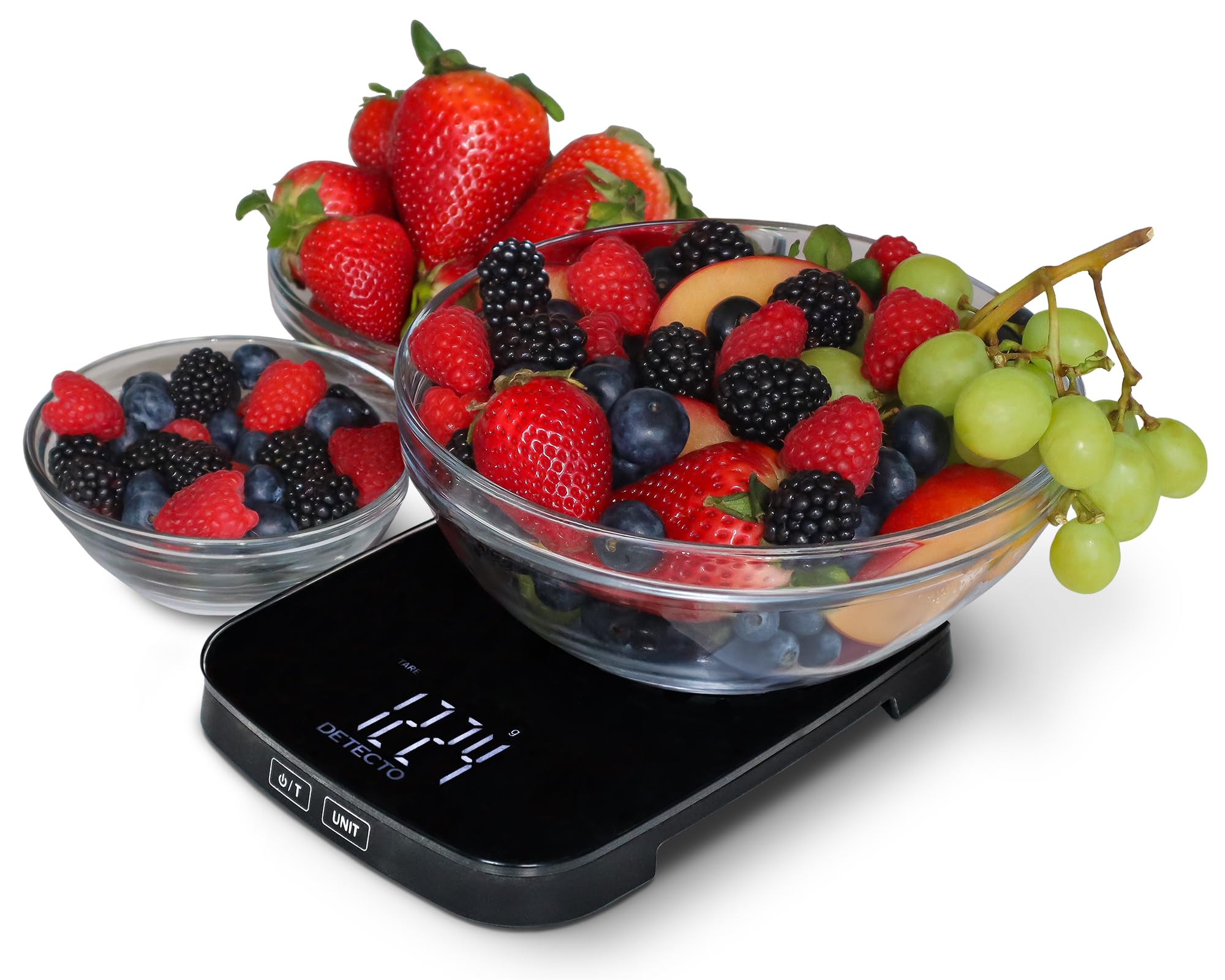 DETECTO Bilancia da cucina digitale, altamente precisa, piattaforma in vetro compatta, display di facile lettura, ricaricabile tramite USB, capacità 10 kg, nero/bianco