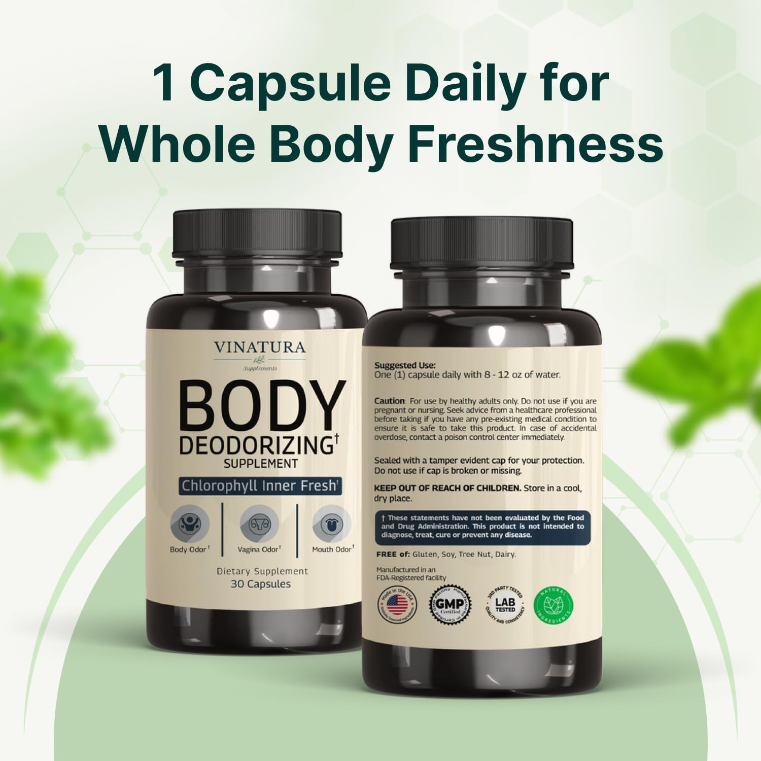 VINATURA Body Deodorizing Supplement for Women - Magic Chlorophyll Pills for Body Odor Eliminator, it Works for Her Internal Deodorant, 30 Capsules - Image 8