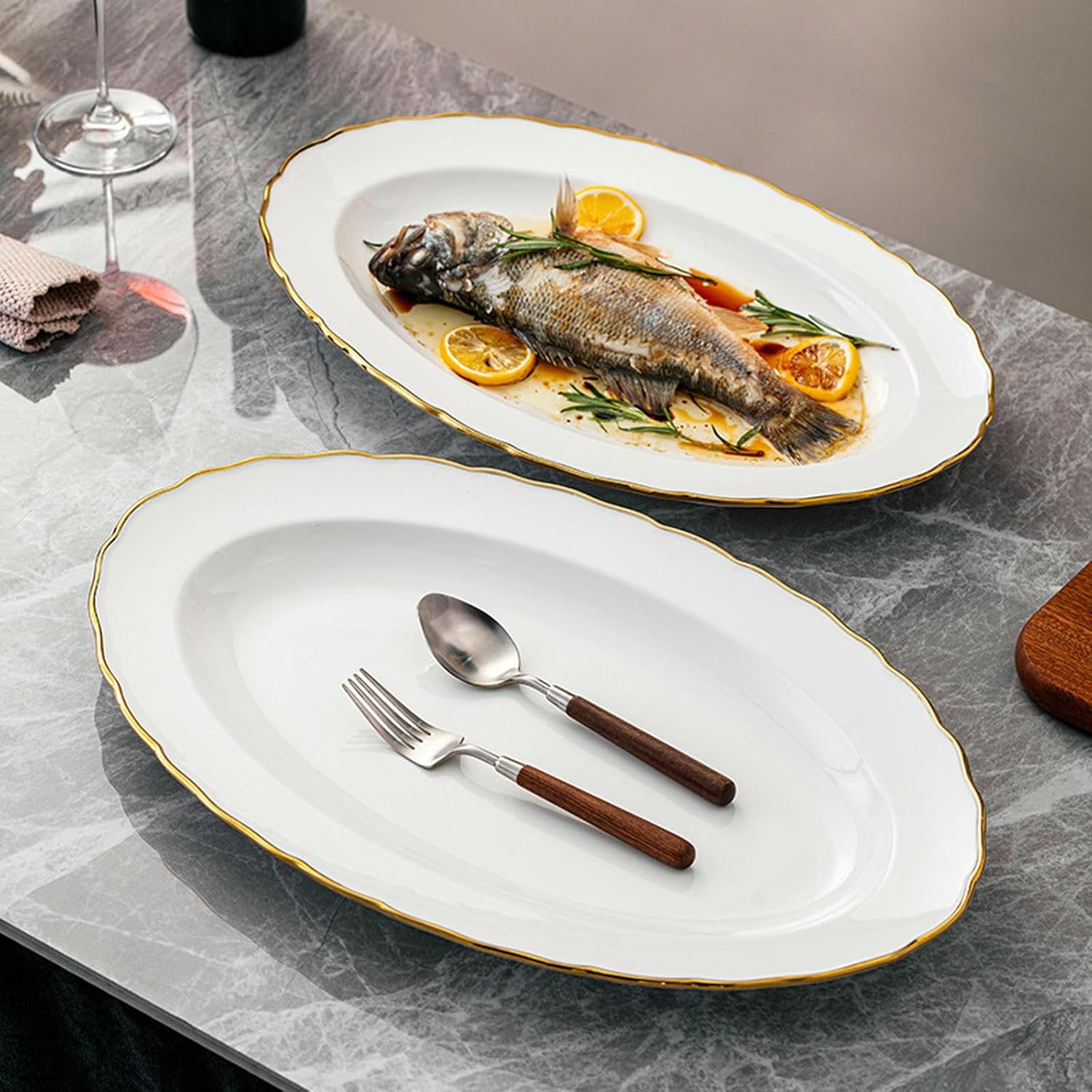 Ceramic oval gold-plated long fish plate wide-brimmed tableware for household export -18-inch gold blue