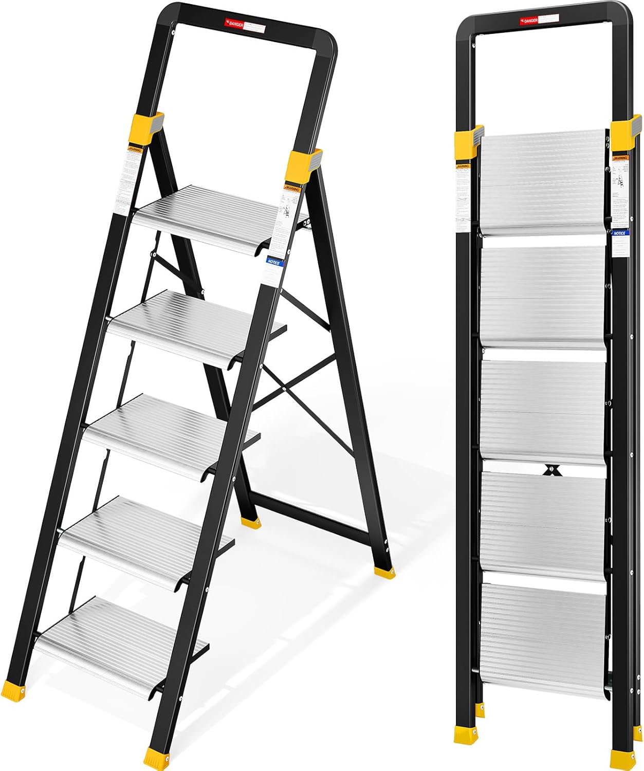 KINGRACK 5 Step Ladder, Aluminium Lightweight Folding Step Stool with Anti-Slip Wide Pedals, Handrail, 330lbs Capacity Ladder for Household, Kitchen, Home, Space Saving, Sturdy and Portable