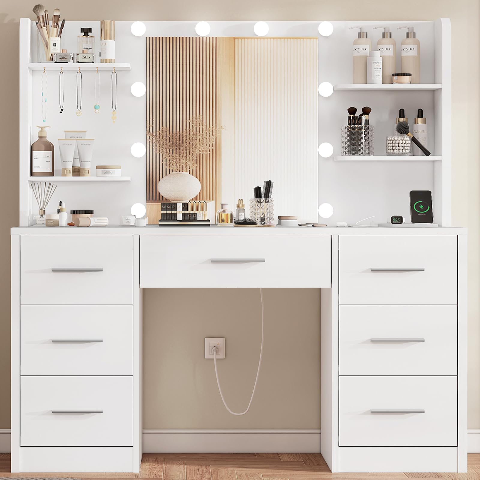 Large Makeup Vanity, 42.1" Vanity Desk with Mirror and Lights, Makeup Vanity Table with 7 Drawers, 4 Shelves, 5 Jewel Hooks & Power Strip, Vanity Desk Set for Bedroom, White