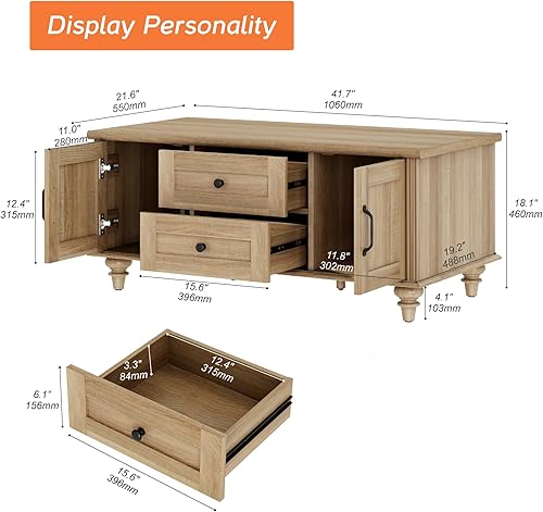 Miniatura 2 de WAMPAT - Mesa de café de granja con gabinete de almacenamiento, mesas de café de madera para la sala de estar, mesa de té rústica rectangular de
