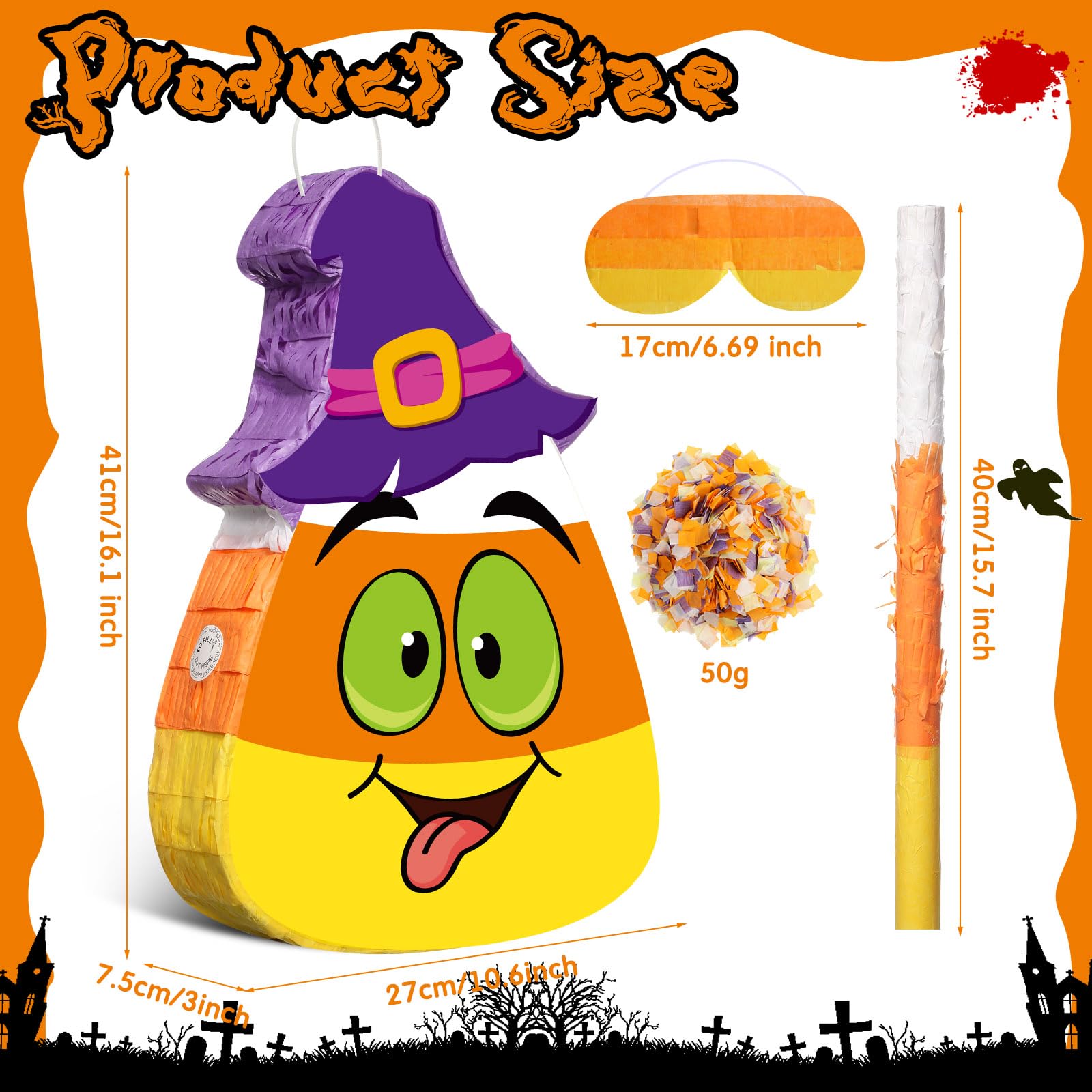 Aoriher Piñata de Halloween Piñata de Maíz Dulce con Set de Confeti Palo y Venda de Ojos Piñata para Rellenar Dulces con Tema de Halloween Truco o Trato Piñata Mexicana para Juego de Fiesta Halloween
