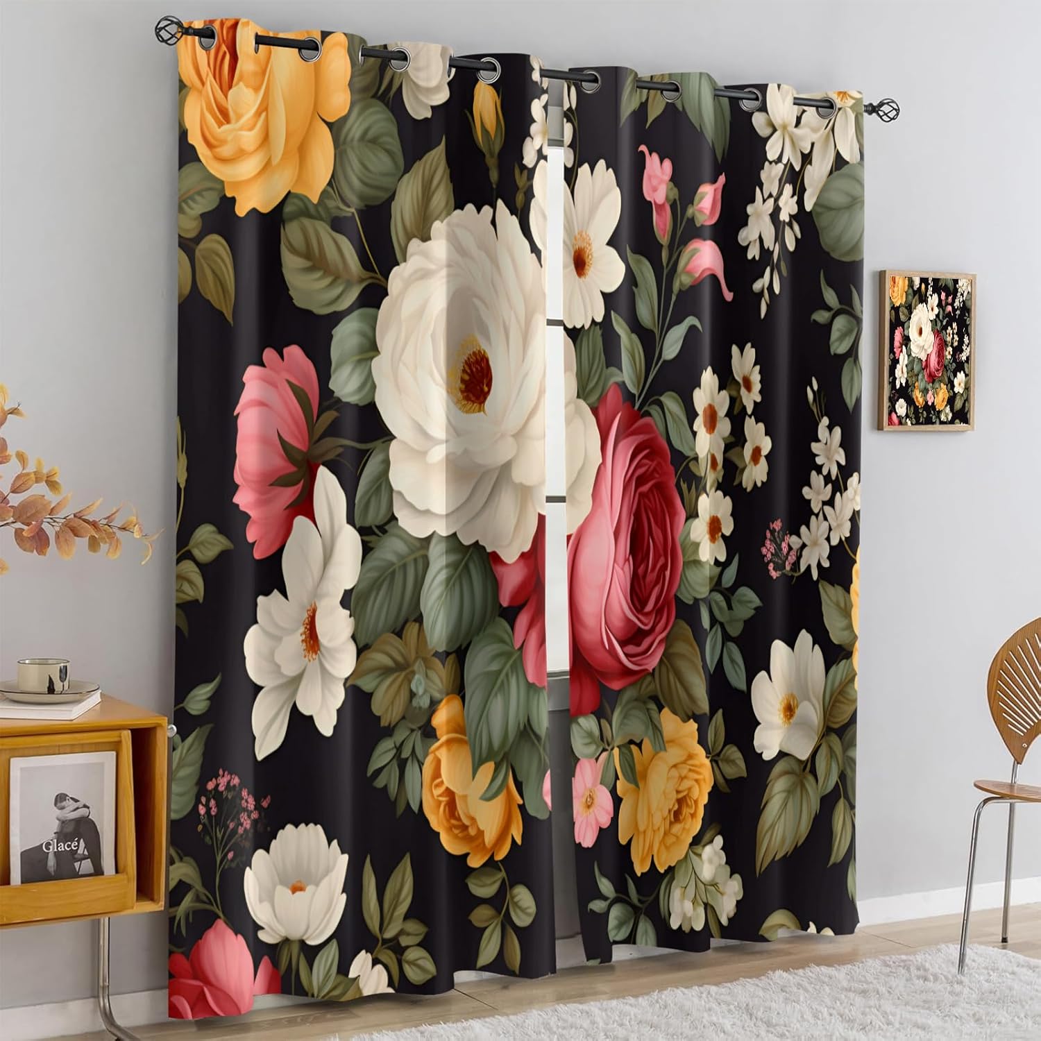 Elegance Floral Window Treatments 39 inch Long 2 Panels Set, Spring Flower Blackout Curtains for Living Room,Black Grommet Thermal Curtains for Kitchen Apt, Botanical Home Decor Drapes