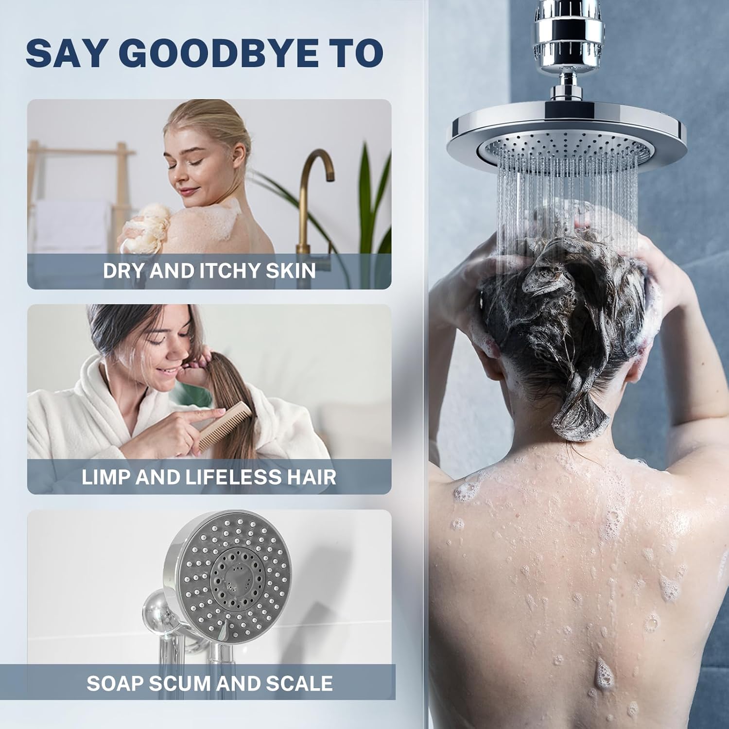Images showing a woman with healthy skin, soft hair, and a clean showerhead, illustrating benefits of the iSpring SF2S filter.