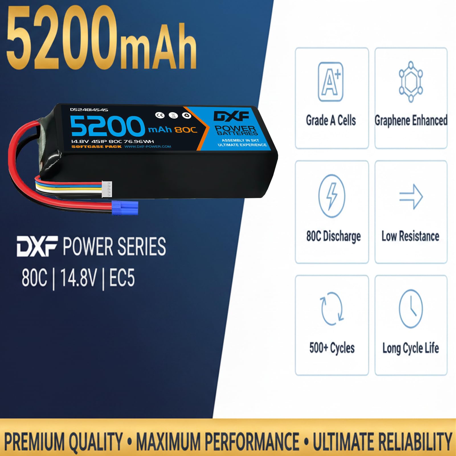 DXF Batteria LiPo 4S 14.8V 5200mAh 80C Custodia Morbida Spina EC5 Compatibile Auto RC 1/8 1/10 Veicoli Elettrici Leggera Alta Capacità Lunga Durata 2 Pezzi