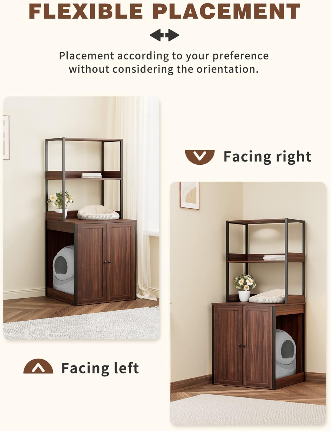 MOOLIVE Large Litter Box Enclosure Furniture for Self Cleaning Litter Box, Hidden Automatic Cat Litter Box Furniture with Shelves, Walnut