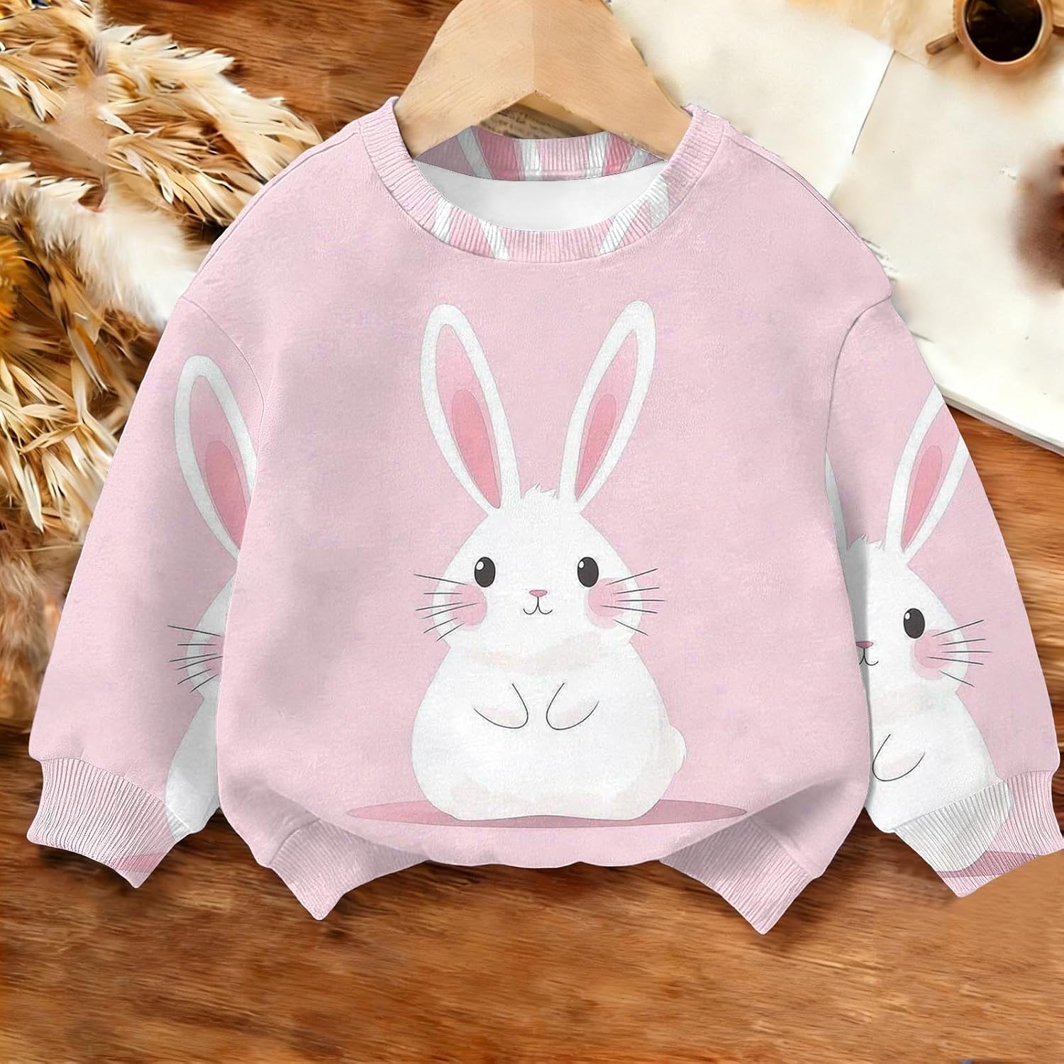 Girls Bunny Print Floral Sweatshirt All Over Print Fleece Pullover Top