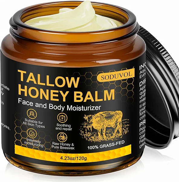 Liventhrall Organic Beef Tallow Honey Balm for Skin, Body, Face Moisturizer, Whipped Grass Fed Cow Tallow Cream with Raw Honey, All Natural Pure Body Lotion for Soft Smooth Skin, Unscented 4.2 OZ