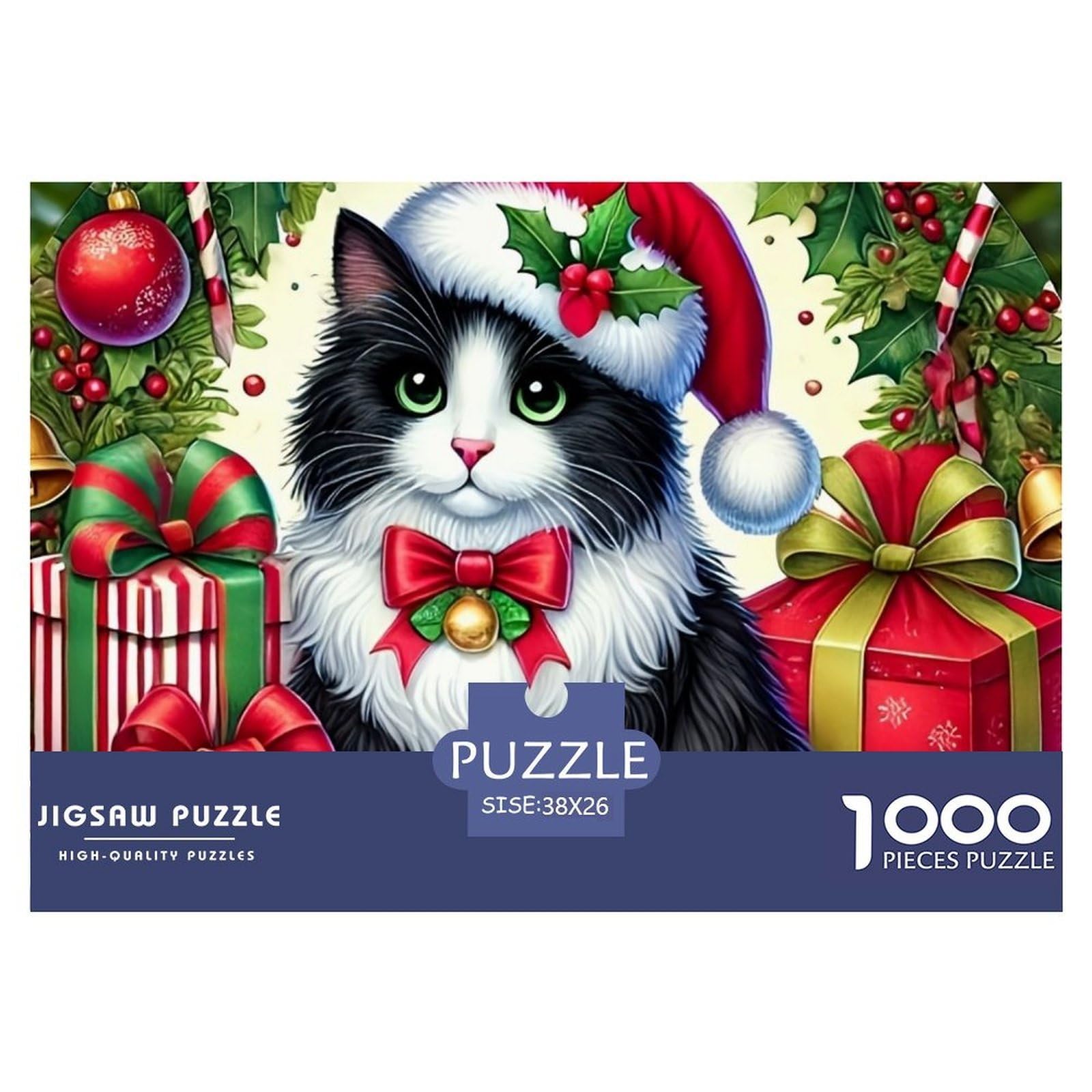 Christmas Cat 1000 Pc Puzzle for Adults & Kids | Detailed - Black White Cat Santa Hat Recycled Paper Educational Game Challenge38x26cm/1000pcs