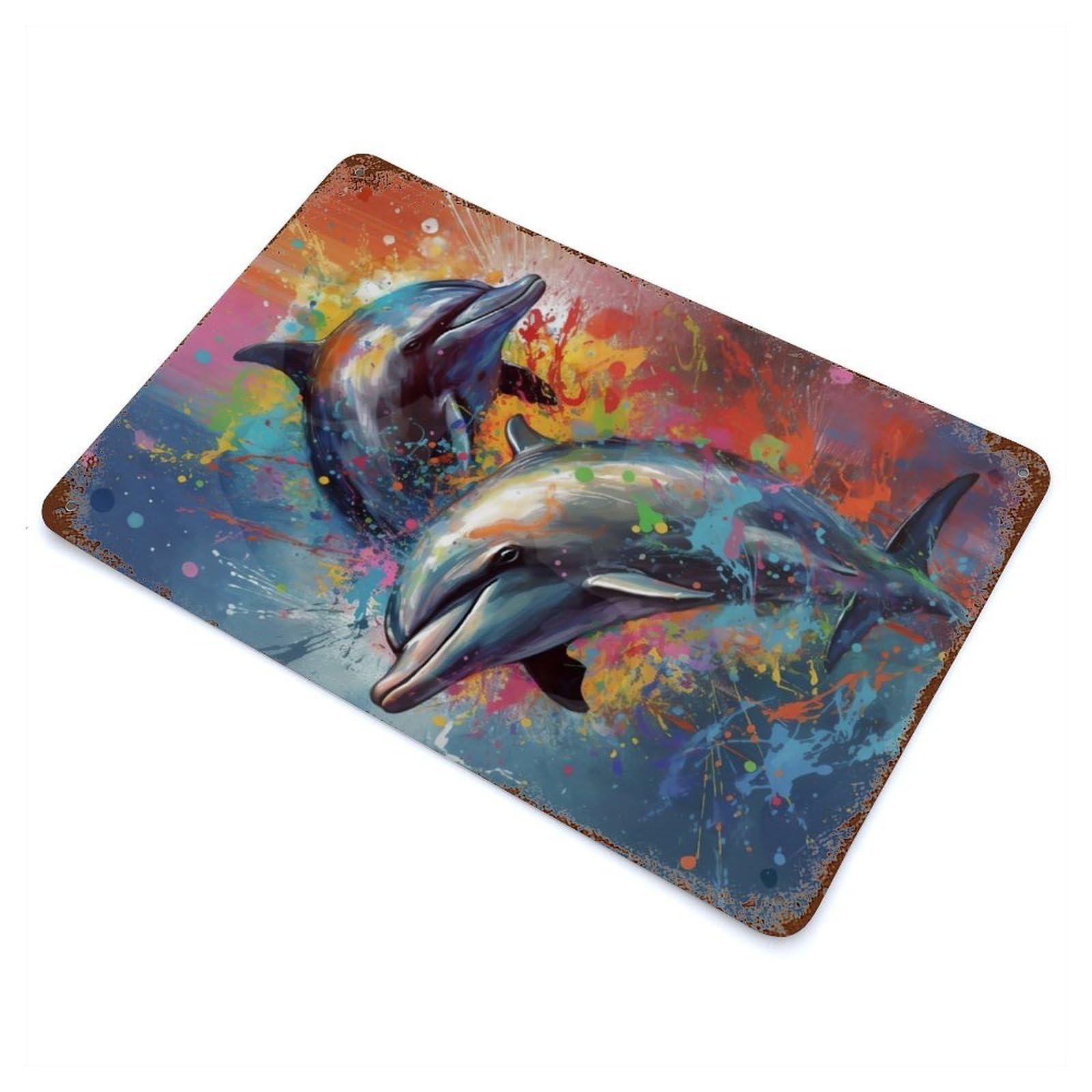 Rusty Metal Tin Sign with Dolphins Painting Design 11.8"x7.9", for Farmhouse, Kitchen And Entryway Decor, Rustic Home Decor