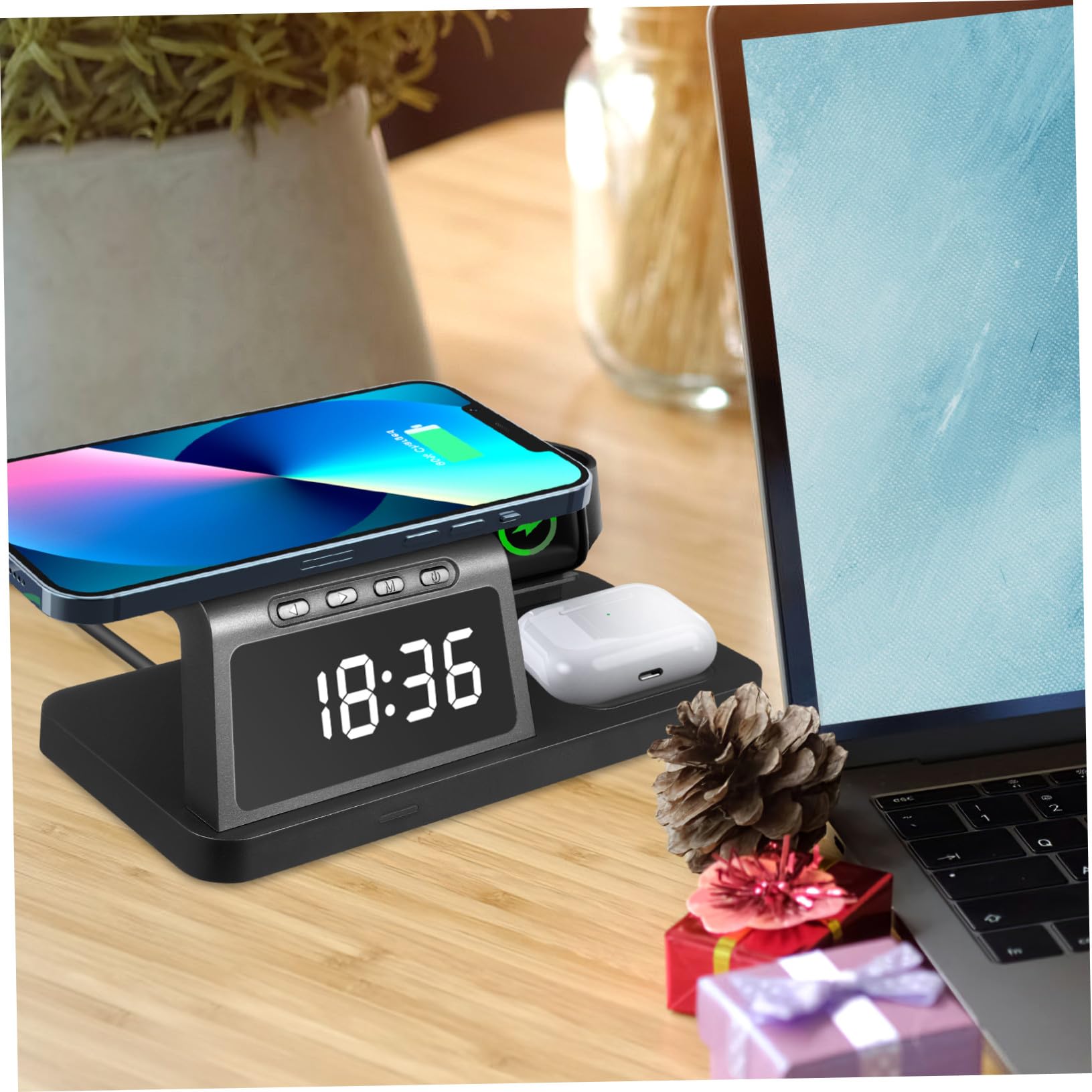 TEHAUX Station de Charge sans Fil avec Horloge Numérique LED Support de Charge Rapide pour Téléphone et Montres Connectées
