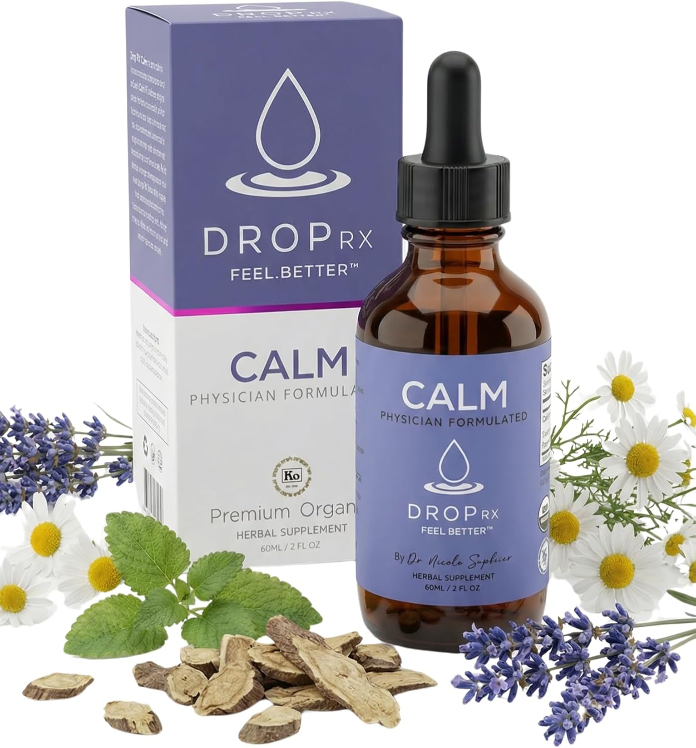 DropRx Calm, Liquid Drop Supplement for Relaxation and Stress Relief - Kava Extract Tincture, Organic Herbal Blend -Natural Calming Aid - Made in USA by Dr. Nicole Saphier (2fl.oz)