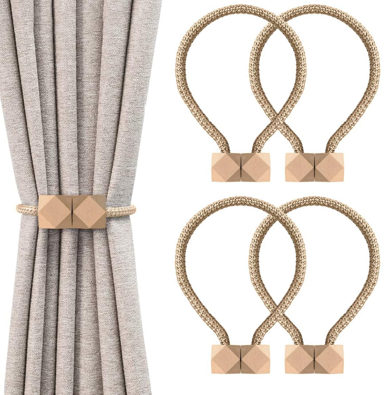 INOVERA (LABEL) 4 Pieces Magnetic Windows Curtain Tiebacks - Decorative Curtains Holders Rope Holdbacks -Drapery Binding Tie Backs for Home, Office (Beige)