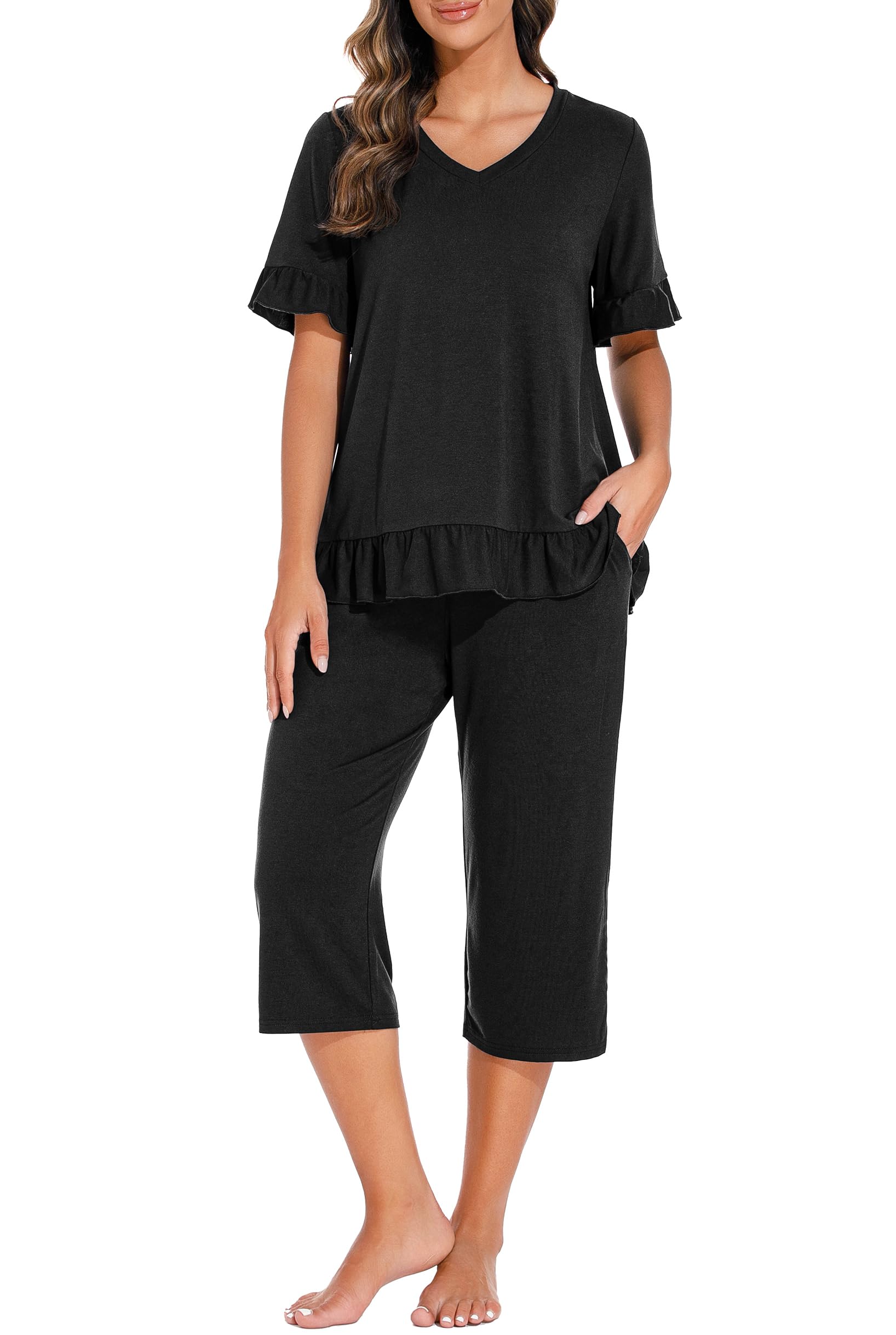 PrinStory Womens Pajama Set Short Sleeve Shirt and Capri Pants Sleepwear Pjs Set with Pockets