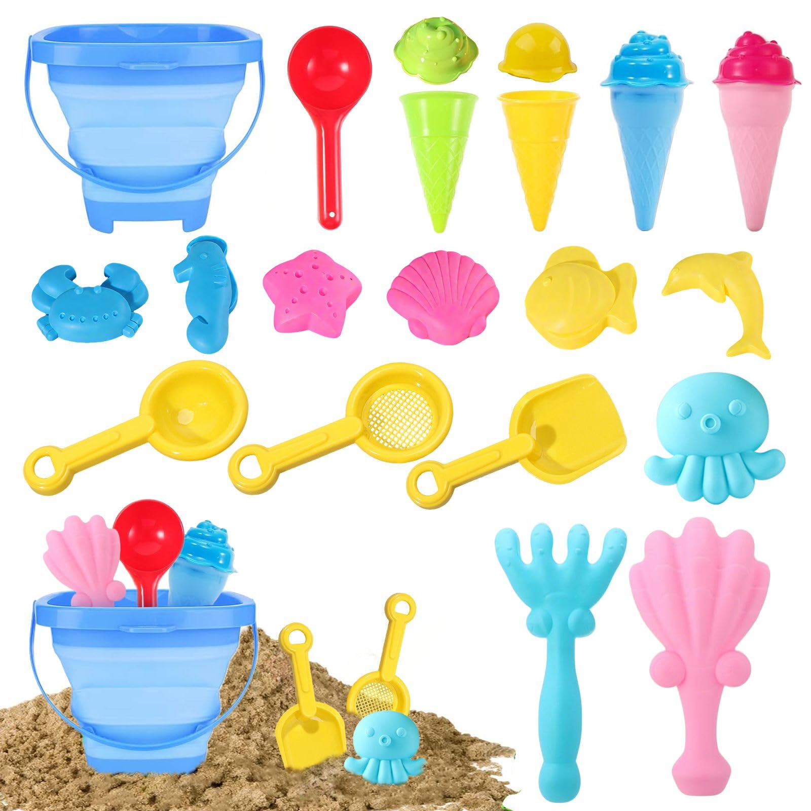 Beach Sand Toys for Kids, 18 PCS Sand Pit Toys with Collapsible Bucket and Ice Cream Beach Toy Sea Animals Molds Sand Shovels Sand Scoops Summer Outdoor Toys for Toddler Kids