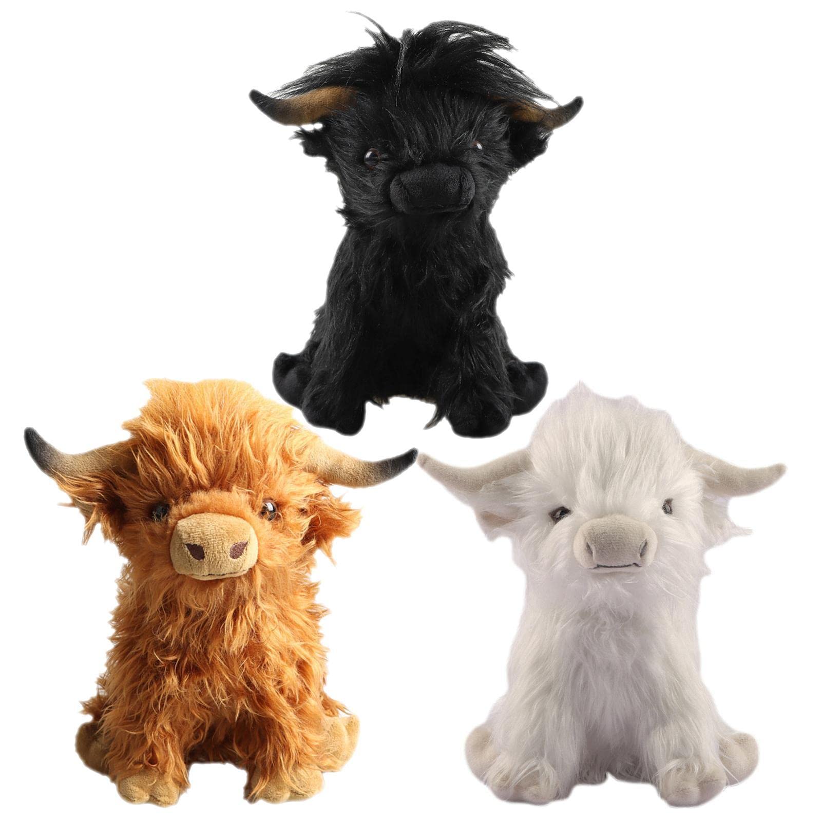 Bavokon 3 Piece Highland Cow Plush,Highland Cow Toy,Highland Cow,3 Colors Highland Cow Stuffed Animal,Realistic Scottish Highland Cow Toy Figure Super Soft Stuffed Dolls