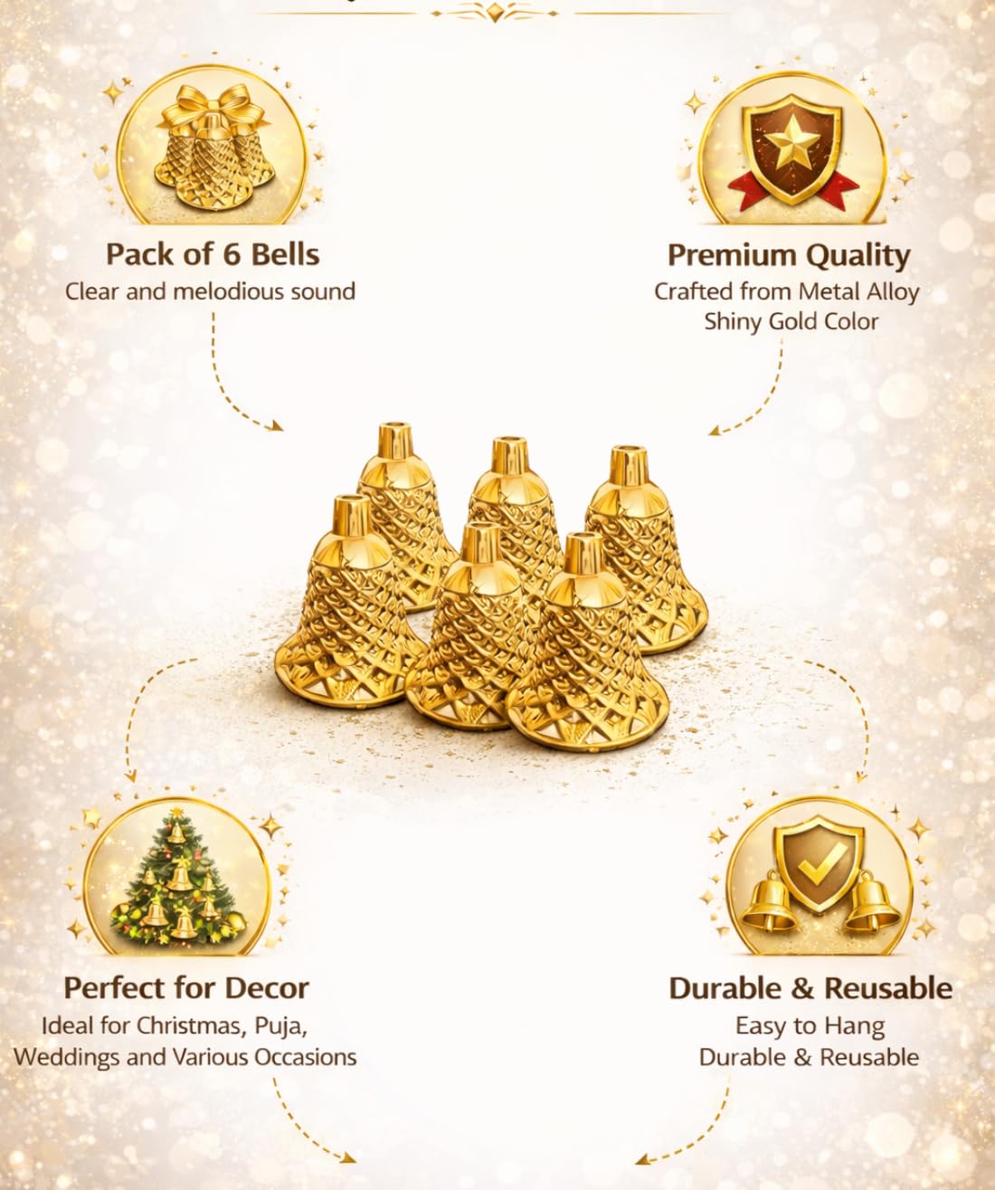 Tia Crafts Antique Embossed Plastic Jingle Bells, 2.5 cm, Jewellery Ornament for Home Christmas Tree Decoration, DIY Crafts, Hanging Bells, Party (6, Golden) 1