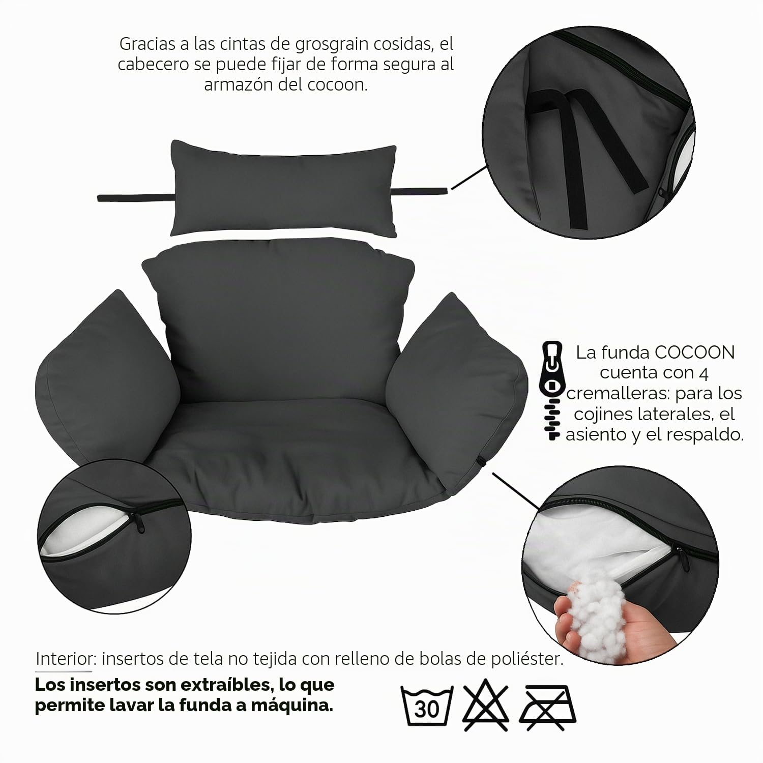 Ferocity Cojín de Silla de Hamaca, Colgante Huevo Cojines, Columpio Silla Cojín Respaldo con Almohada para la Cabeza, Cjín Impermeable, para Patio Jardín, Beige [114]