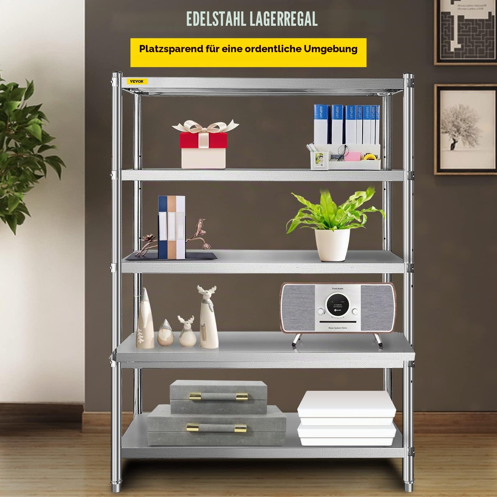 VEVOR Küchenregal 5 Ebenen, Standregal bis 750 kg (150 kg pro Boden), Edelstahlregal Gastronomie mit Verstellbaren Füßen & Regalböden, Schwerlastregal für Lager Garage Werkstatt, 1200 x 455 x 1830 mm