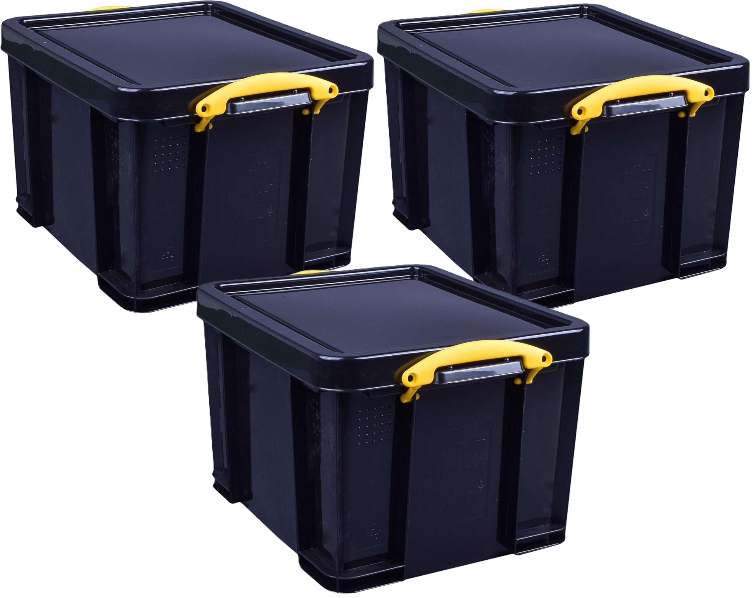 Pasha Traders Solid Black Really Useful Box Plastic Storage 35 Litre Black Yellow Handles Pack Of 3