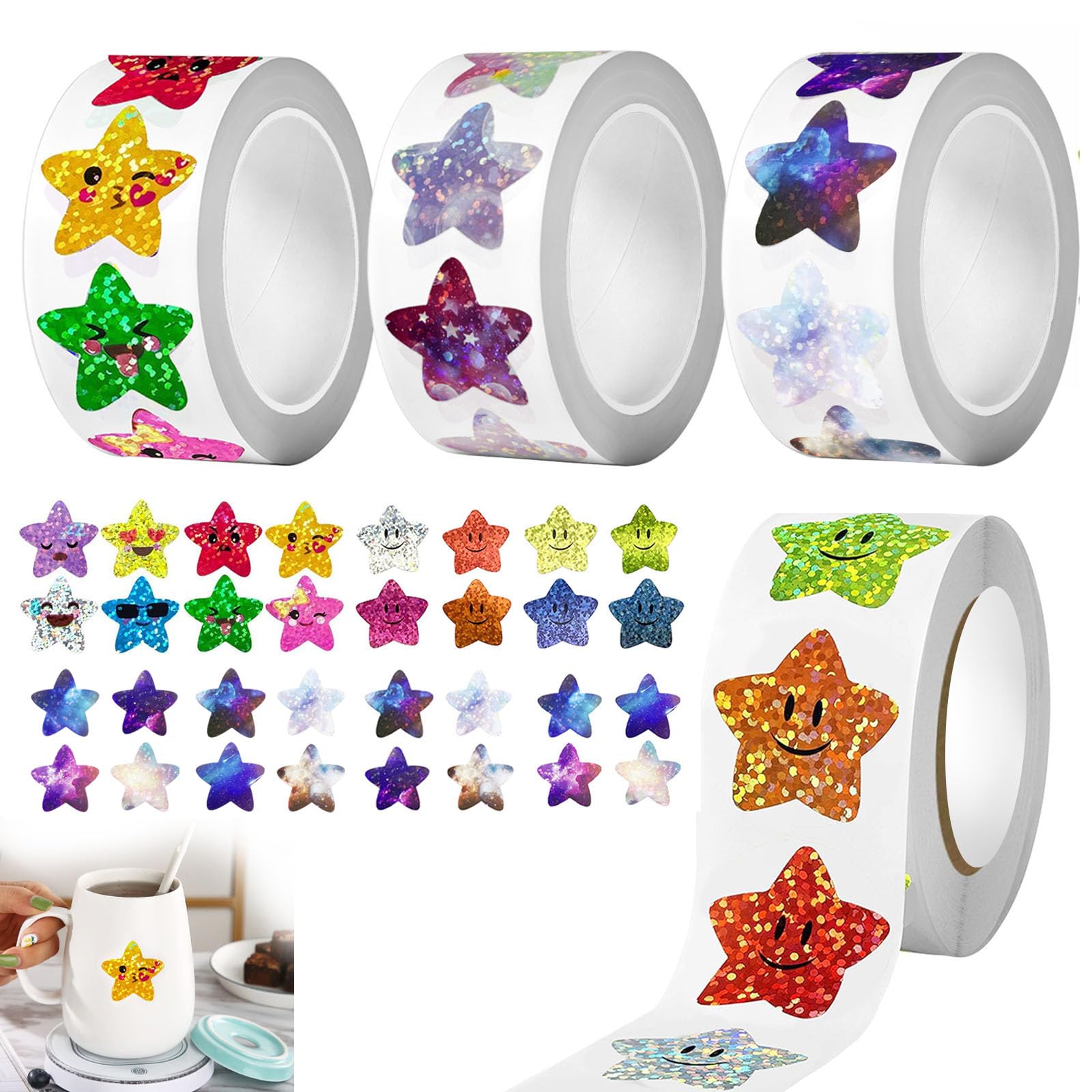 2000 Pcs Shiny Star Stickers, 4 Roll Self Adhesive Shiny Reward Smile Stickers, 2.5CM Holographic Stars Stickers, Sparkly Sticker Foil Incentive Sticker for Children Students Teachers Classroom
