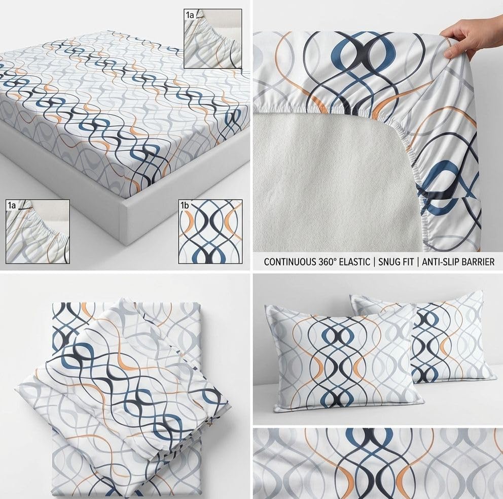 Image of Castiqa Elastic Fitted Supersoft Premium Brushed Cotton 200TC King Size Bedsheets with 2 Pillow Covers (Fits Upto Mattress of 10 Inches) (King (72x78), Sketchered)