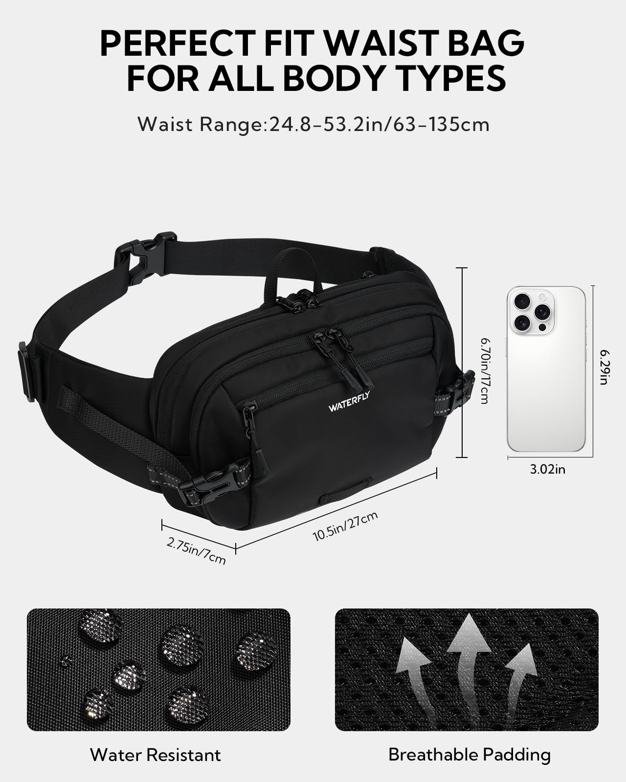 WATERFLY Marsupio grande da 3 l, con apertura a 180° e multitasche, antifurto, blocco RFID, per donne e uomini, viaggi, escursionismo, uso quotidiano, nero