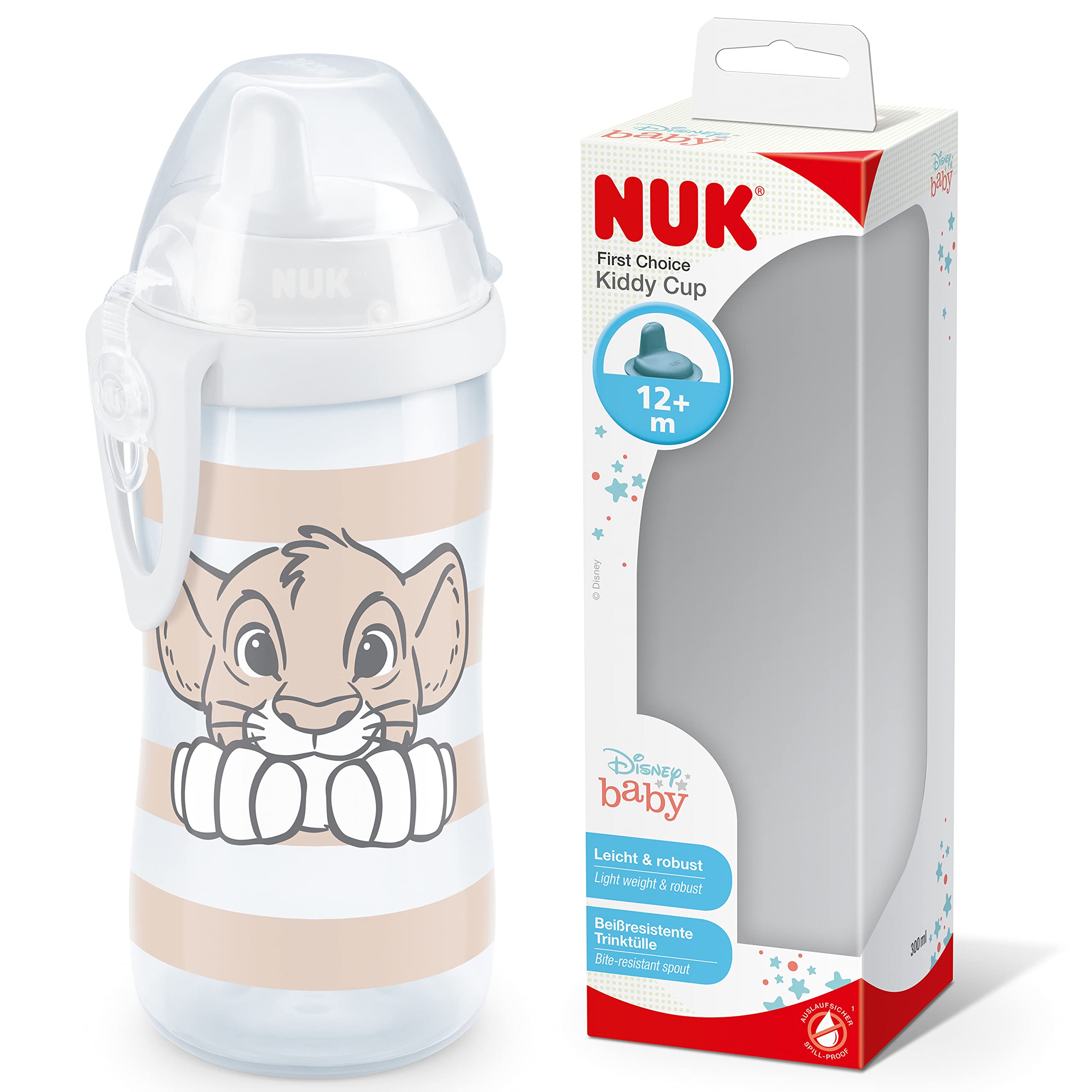 NUK First Choice+ Kiddy Cup Trinklernbecher | 12+ Monate | 300 ml | auslaufsichere, verstärkte Trinkschnabel | Clip & Schutzkappe | BPA-frei | Disney König der Löwen