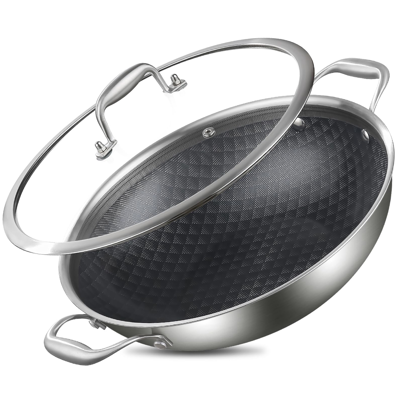 DELARLO Tri-Ply Stainless Steel Wok 13in Nonstick Deep Wok Pan with Lid,Stir-Fry Pans,5.5QT Cooking Pot induction Large woks,Compatible with All Cooktops Up to 550°F(Double Handle)