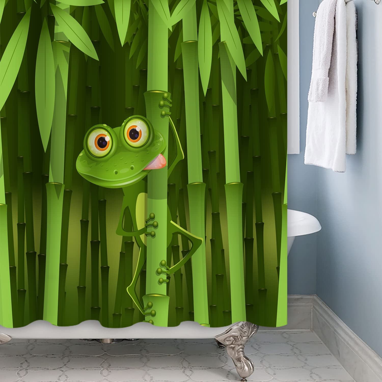 SDOTPMT 180x180cm Cute Frog Shower Curtain Funny Frog Bamboo Cartoon Animal Abstract Tree Leaves Bath Curtain Green Bathtub Curtain for Kids Bathroom Fabric Polyester Waterproof with Hooks - Image 2
