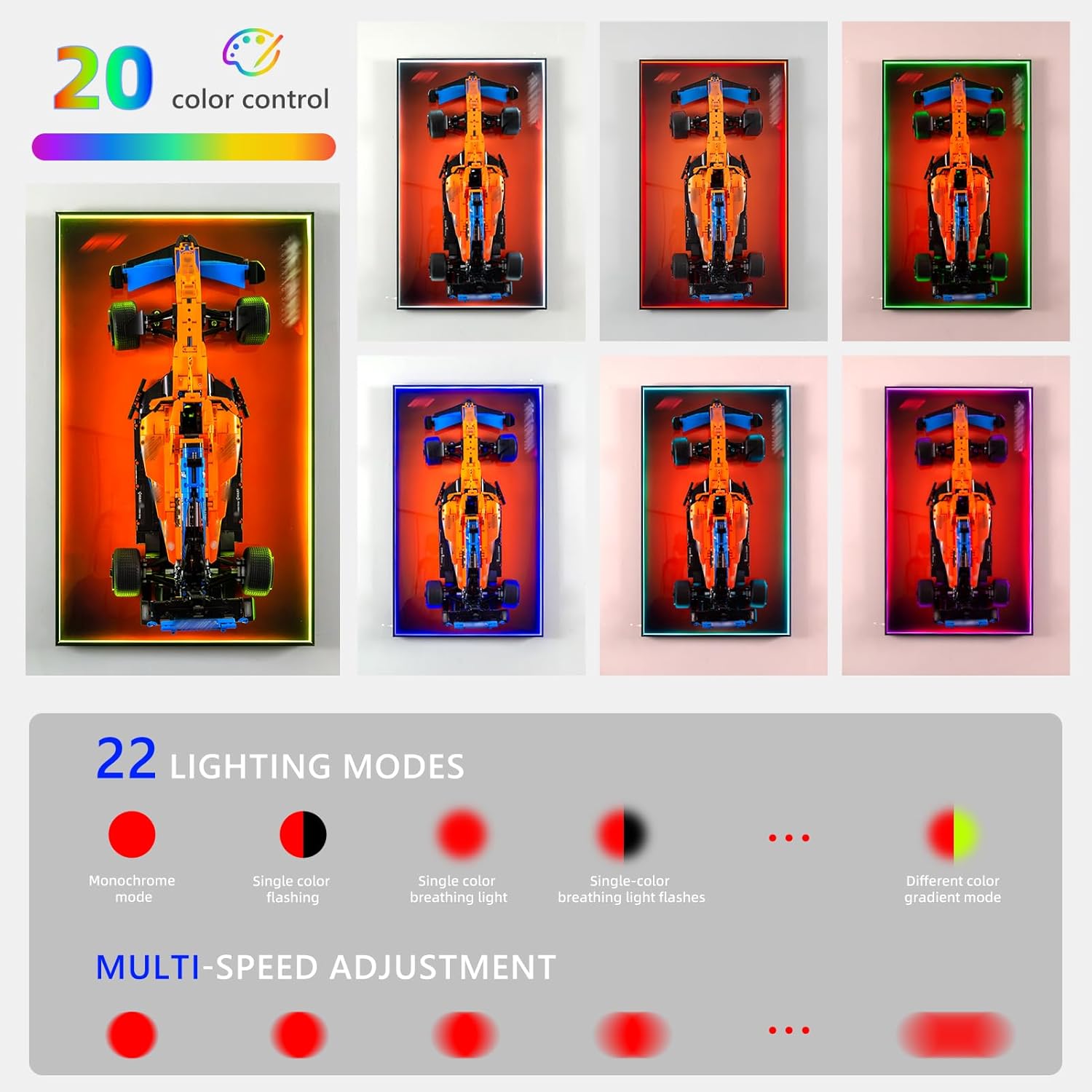 Display Wallboard with RGB LED Lights Compatible with Lego 42141 Technic McLaren Replica Race Car - Adult Collectibles Wall Mount for Home or Office Décor, Gradient Color (No Car Included)