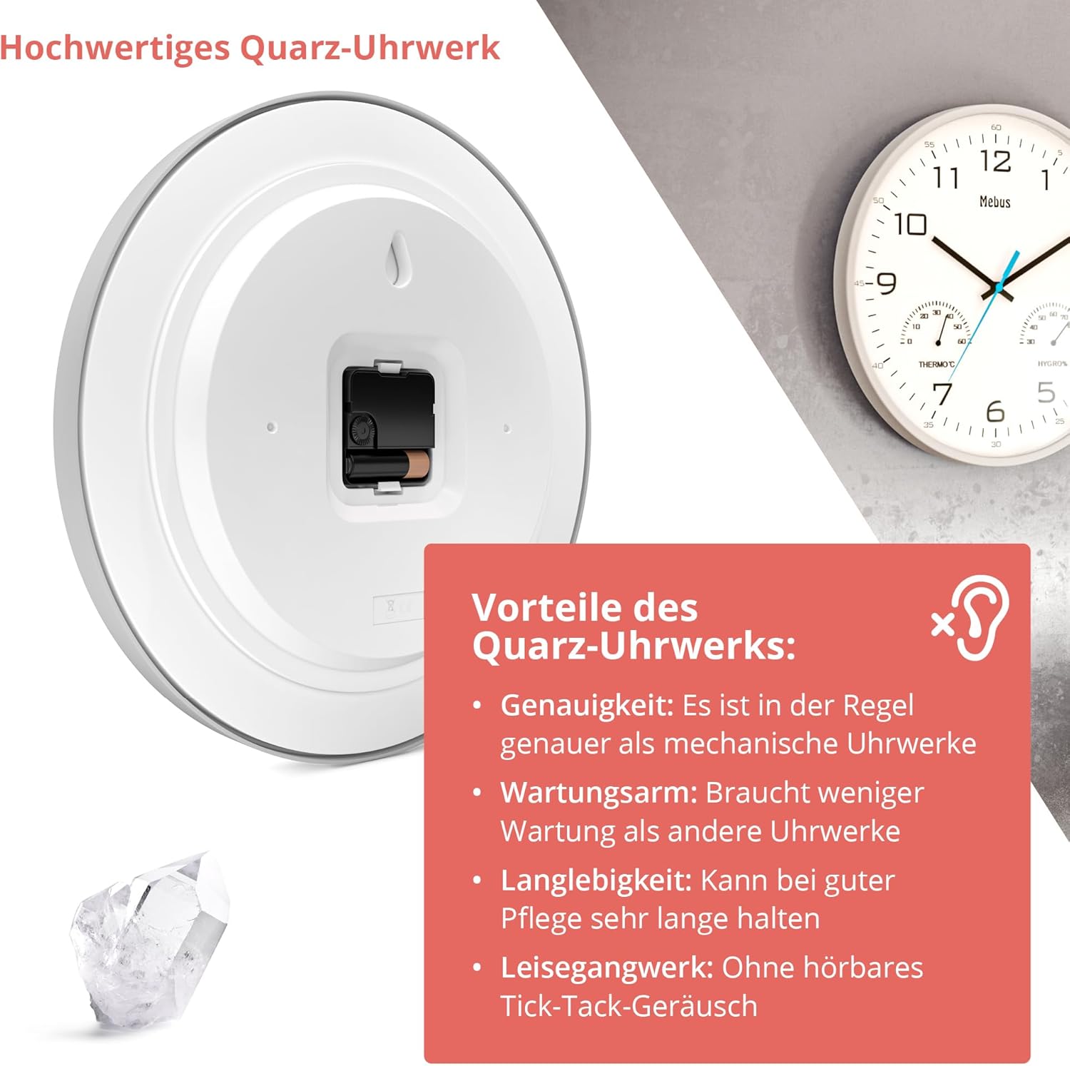 Mebus Analogue Quartz Wall Clock with Thermometer and Hygrometer, Gray, 30 cm Diameter