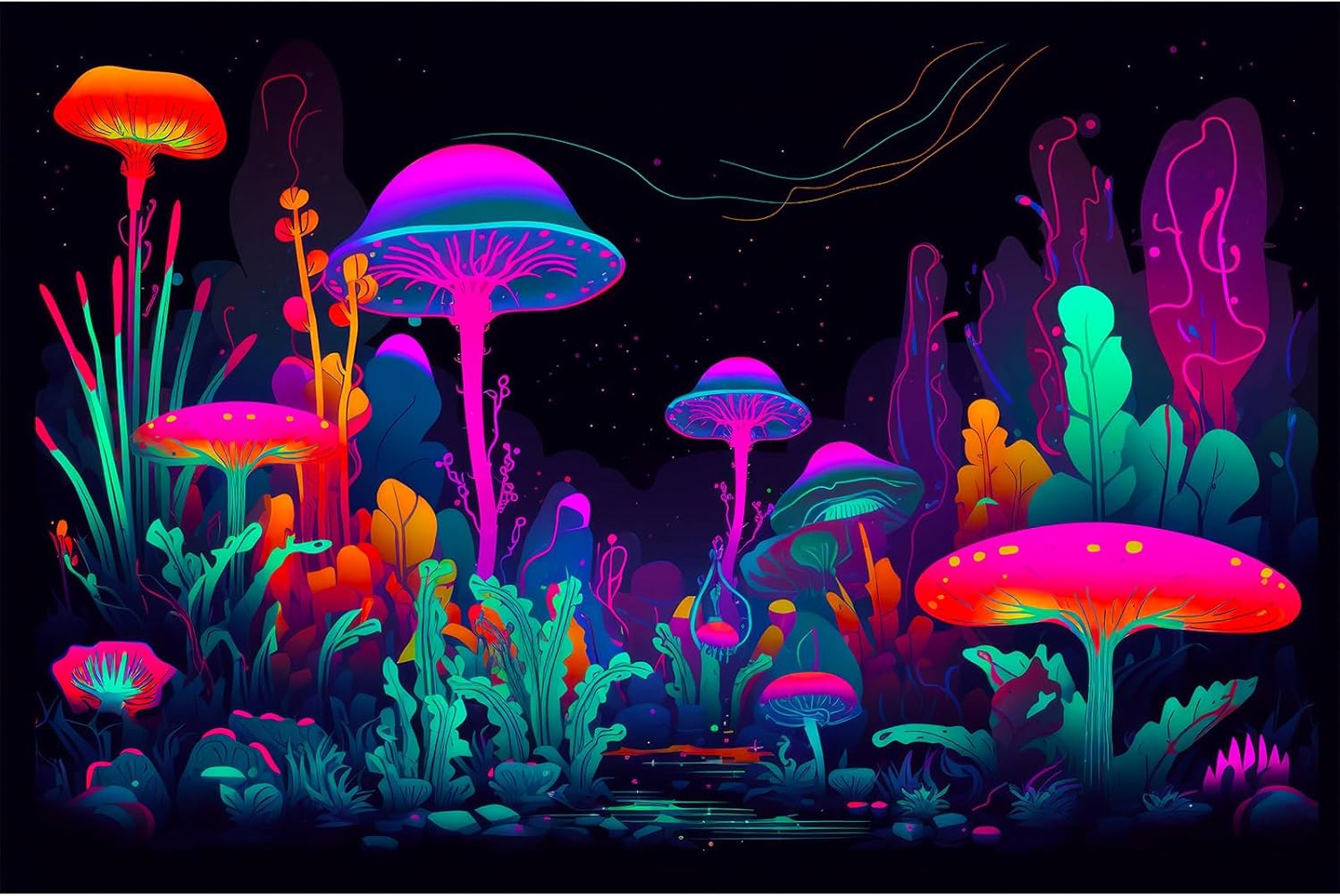 Mushrooms Aquarium Background Mushrooms in Dark Forest with Bright Colors Terrarium Background Tranquil Lake Cartoon Style Aquatic Plants Fish Tank Backdrop Poster Decorations Wallpaper Decor 24x12in