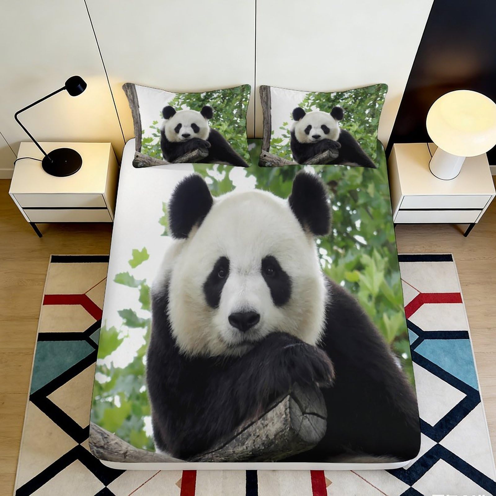 3D Printed Giant Panda Tree Fitted Sheet Microfiber Soft Animal Forest Mattress Cover for Bedroom Dorm Decor, Easy Care 140x200x25cm