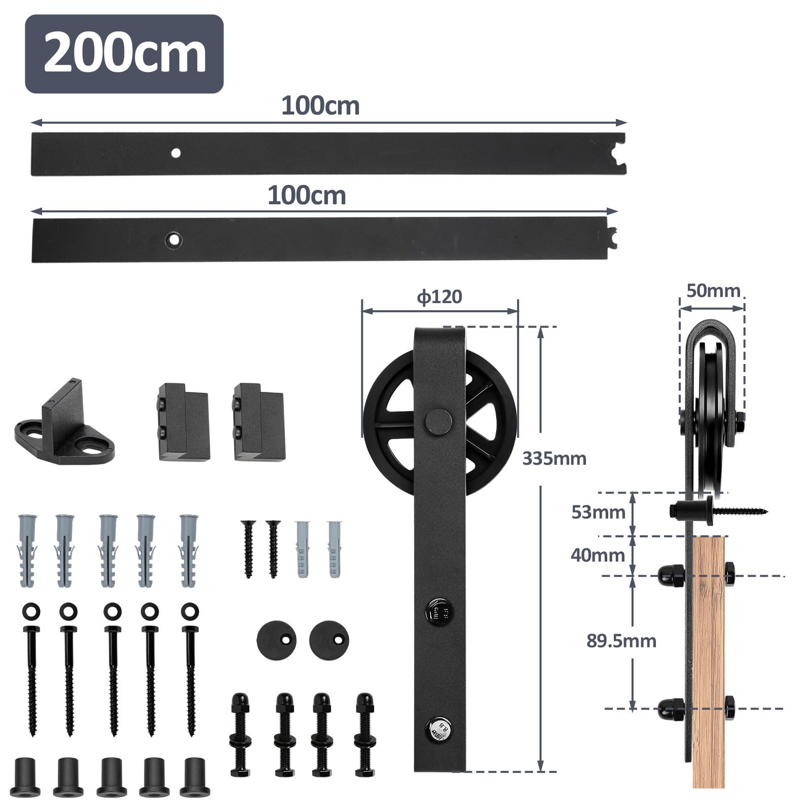 System drzwi przesuwnych, duże rolki, stal węglowa, 150 kg, 200 cm
