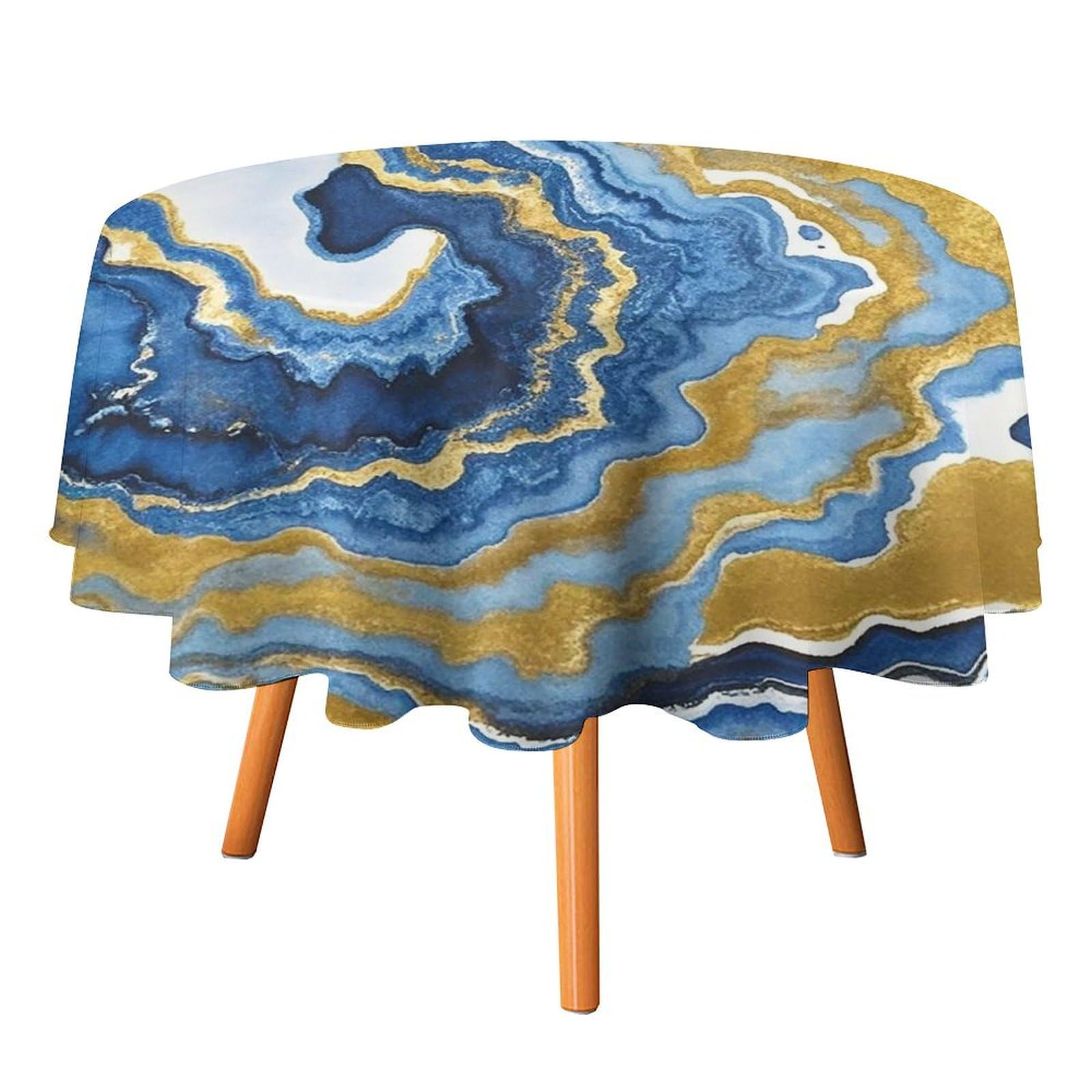 Nappe ronde lavable anti tache imprimé aquarelle bleu doré pour protéger votre table