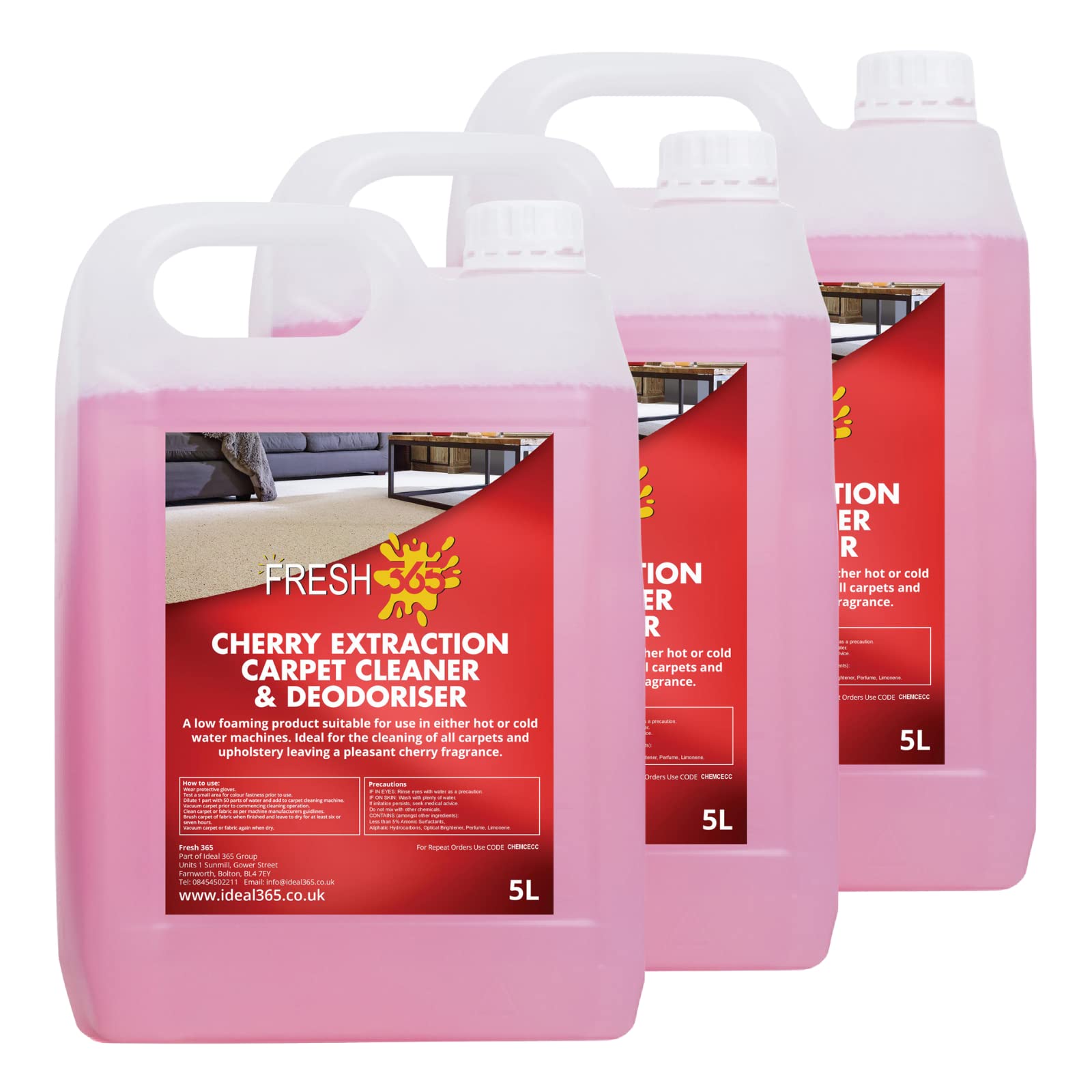 Ideal 365 Cherry Carpet Shampoo and Upholstery Cleaning Solution – Pet Carpet Cleaner with Odour Removal Suitable for All Machines 5L (3 Bottles)