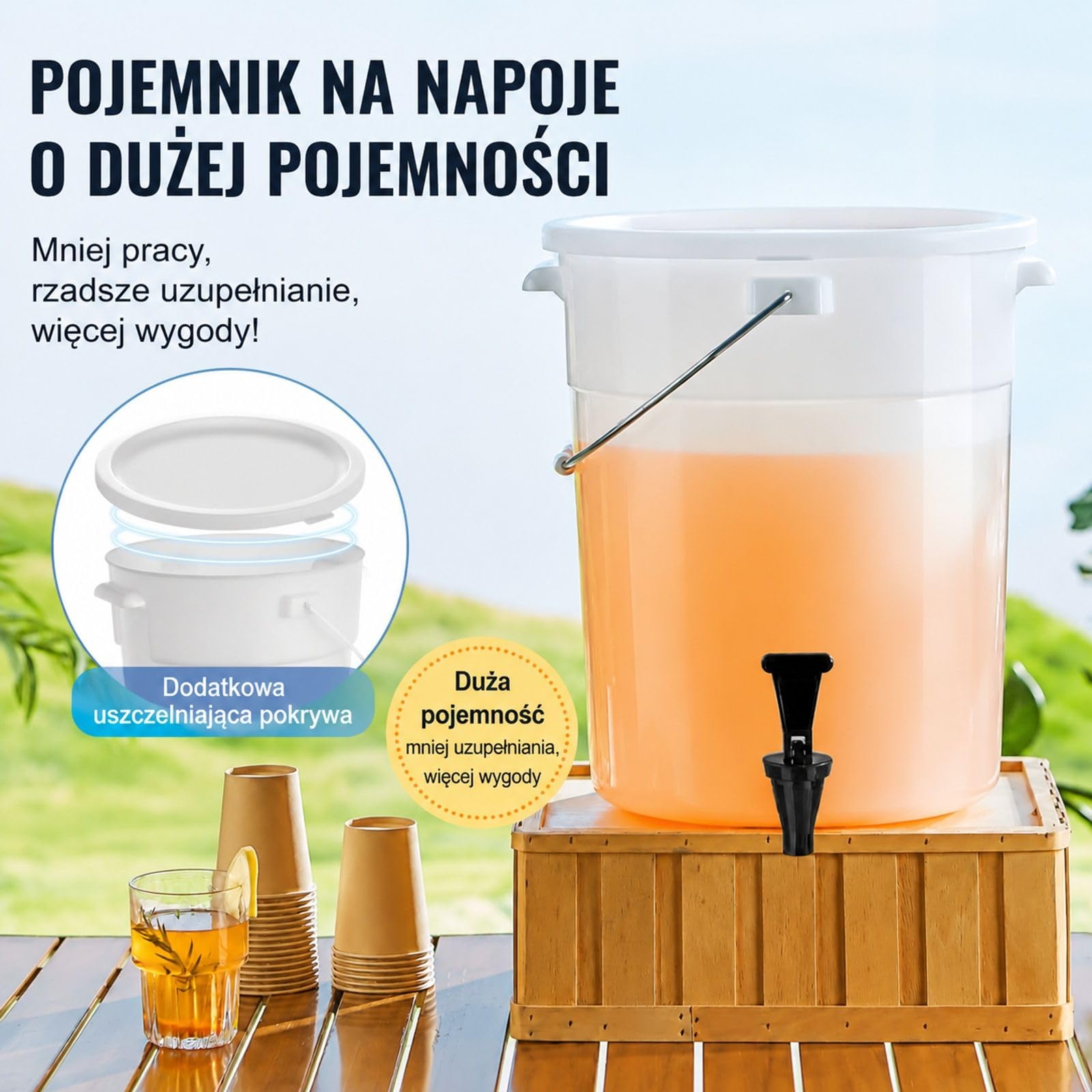 Plastikowy dozownik napojów 19 l z kranem i pokrywką do mrożonej herbaty, lemoniady, soku i wody, do restauracji, hoteli i imprez