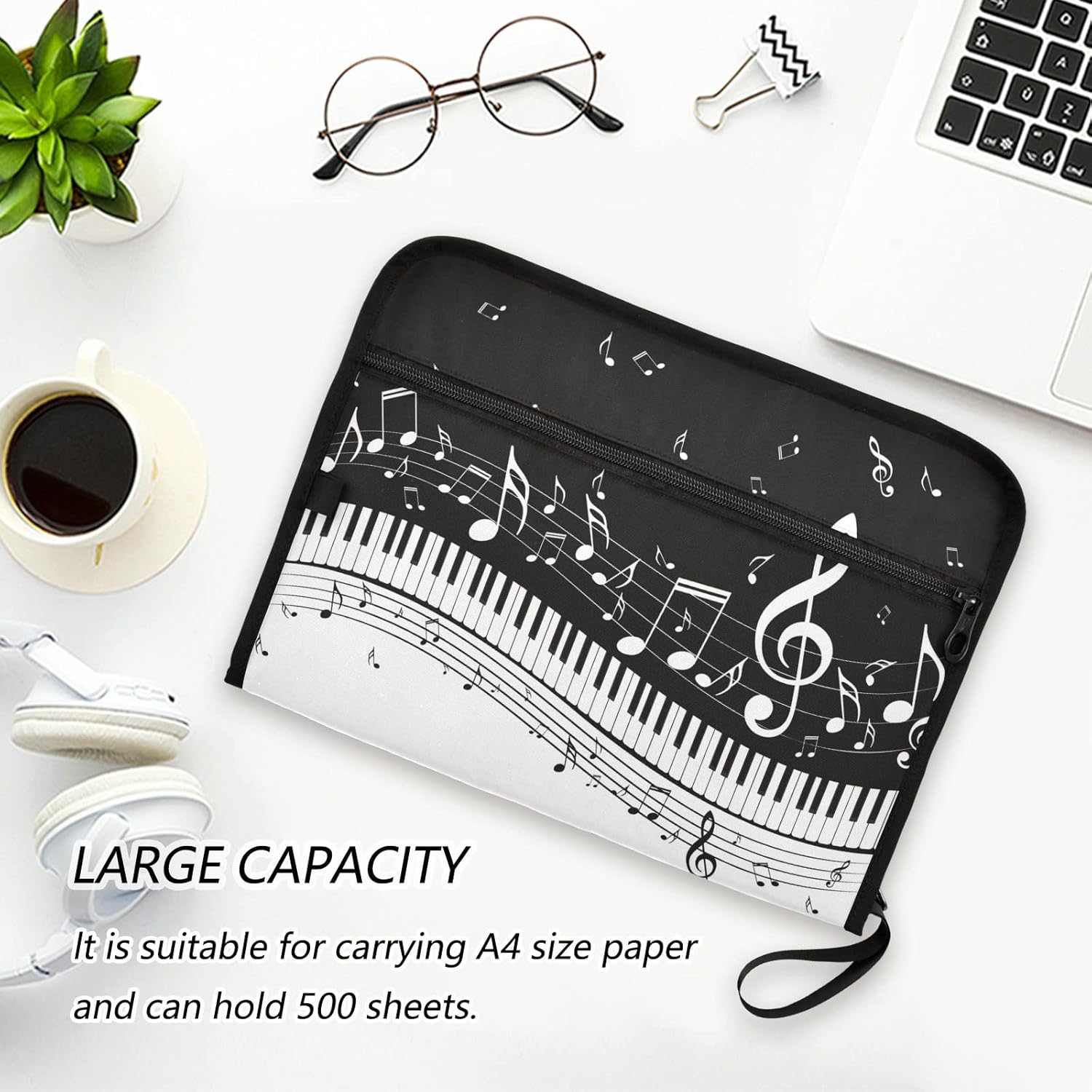 ZZKKO Music Note 13 Pockets Expanding File Folder with Sticky Labels Accordion File Folder Document Organizer Letter Size A4 Papers Expandable File Keeper Black