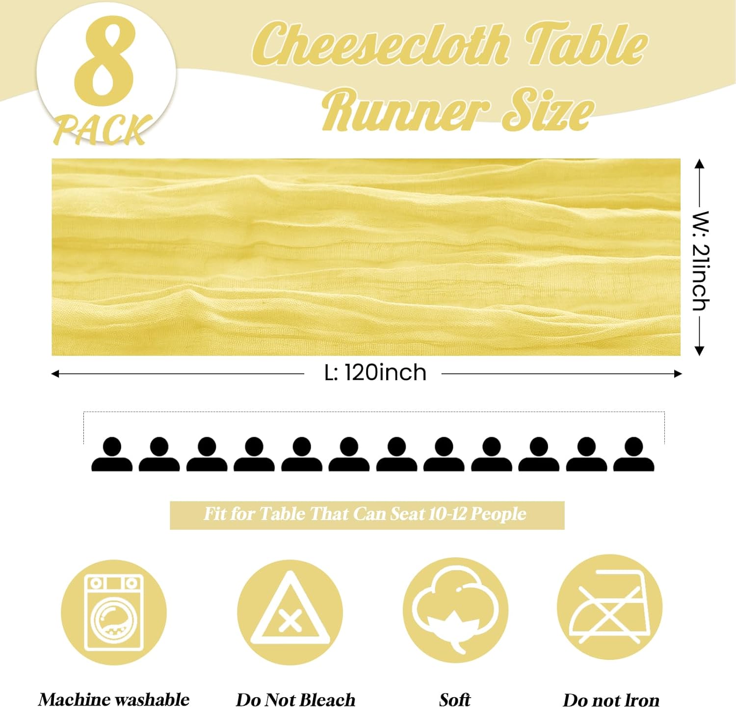 Light Yellow Cheesecloth Table Runner 8 Pack, 21x120 Inch Spring Easter Gauze Table Runner-Rustic Cheese Cloth Runners for Wedding,Bridal&Baby Shower,Birthday Party,Farmhouse&Holiday Table Decor