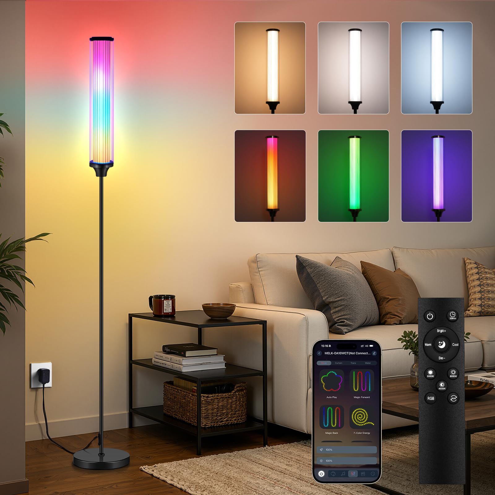 FRIDEKO HOME LED Floor Lamp with App & Remote Control, Black, Modren Smart RGBCW Standing Lamp with 16 Million DIY Colors, 24 Scenes, Tall Corner Lamp for Living Room, Bedroom,Office, Party