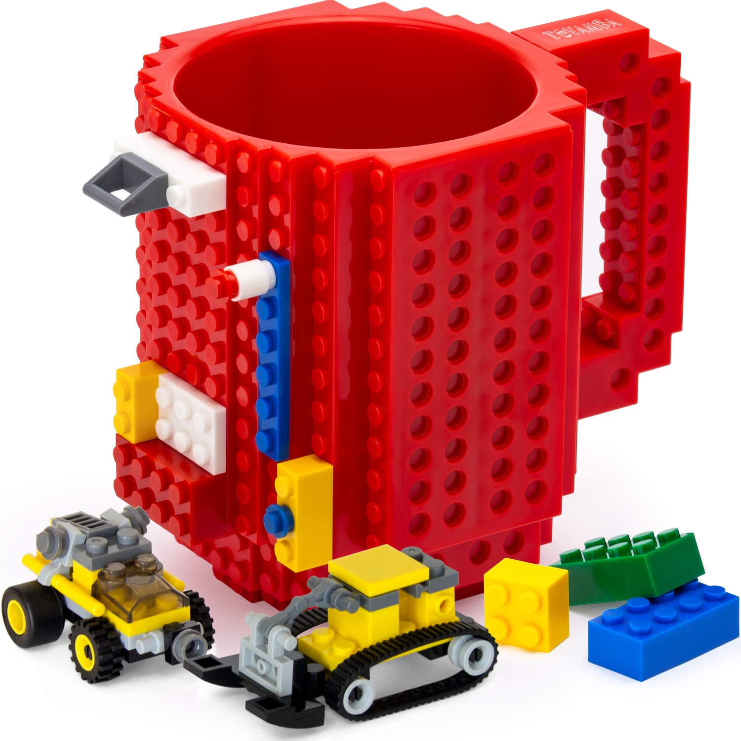 TOYAMBA Build-on Brick Mug BPA-Free Funny Coffee Mug with 3 Packs of Building Bricks, Funny Cups for Kids - Creative Building Block Mug DIY Idea 16OZ (Red)
