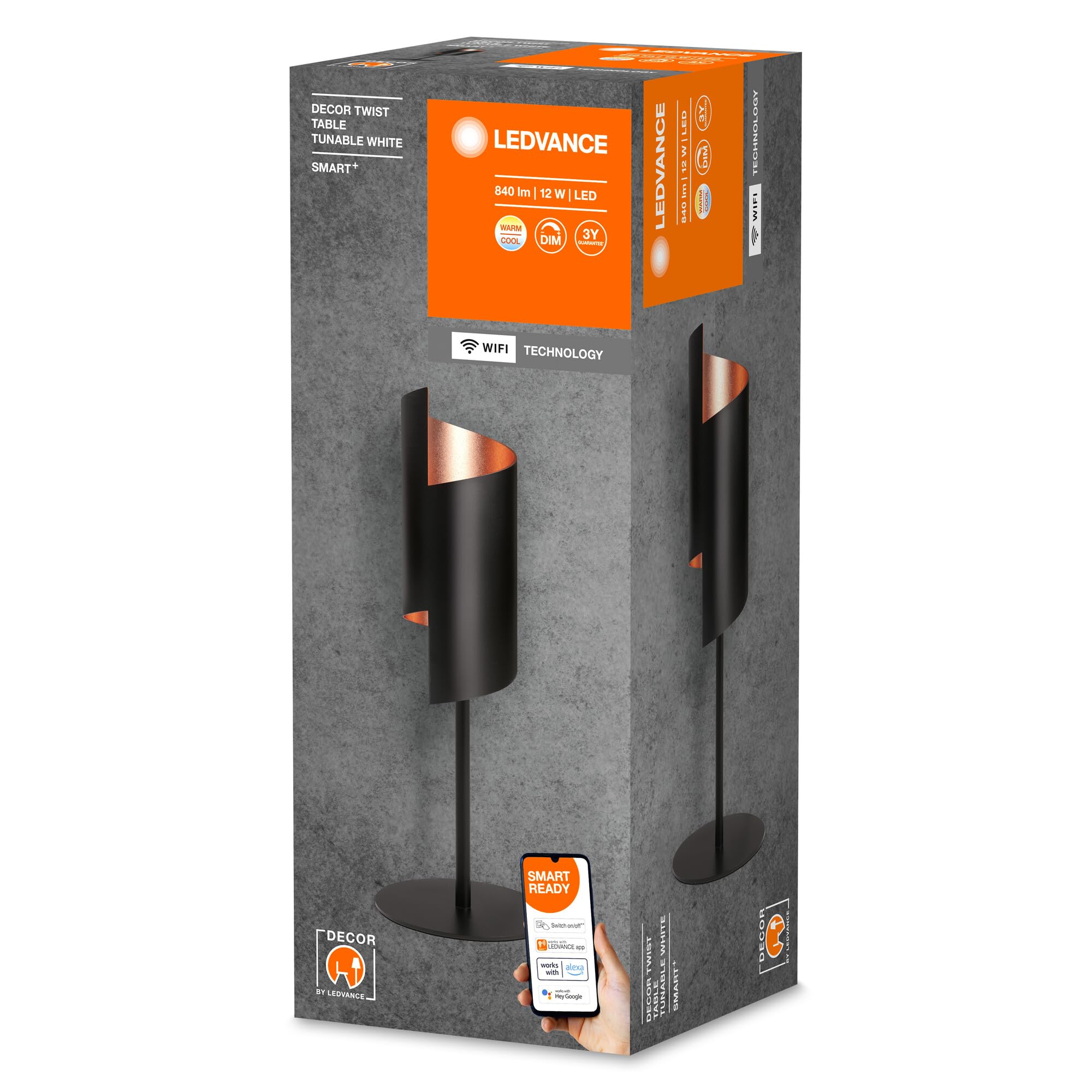 LEDVANCE SMART+ DECOR Twist lampada da tavolo WiFi, nera, 12W, 840lm, luce bianca regolabile 3000-6500K, DIM, luce verso l'alto e il basso, controllabile tramite app, compatibile con Amazon, Google