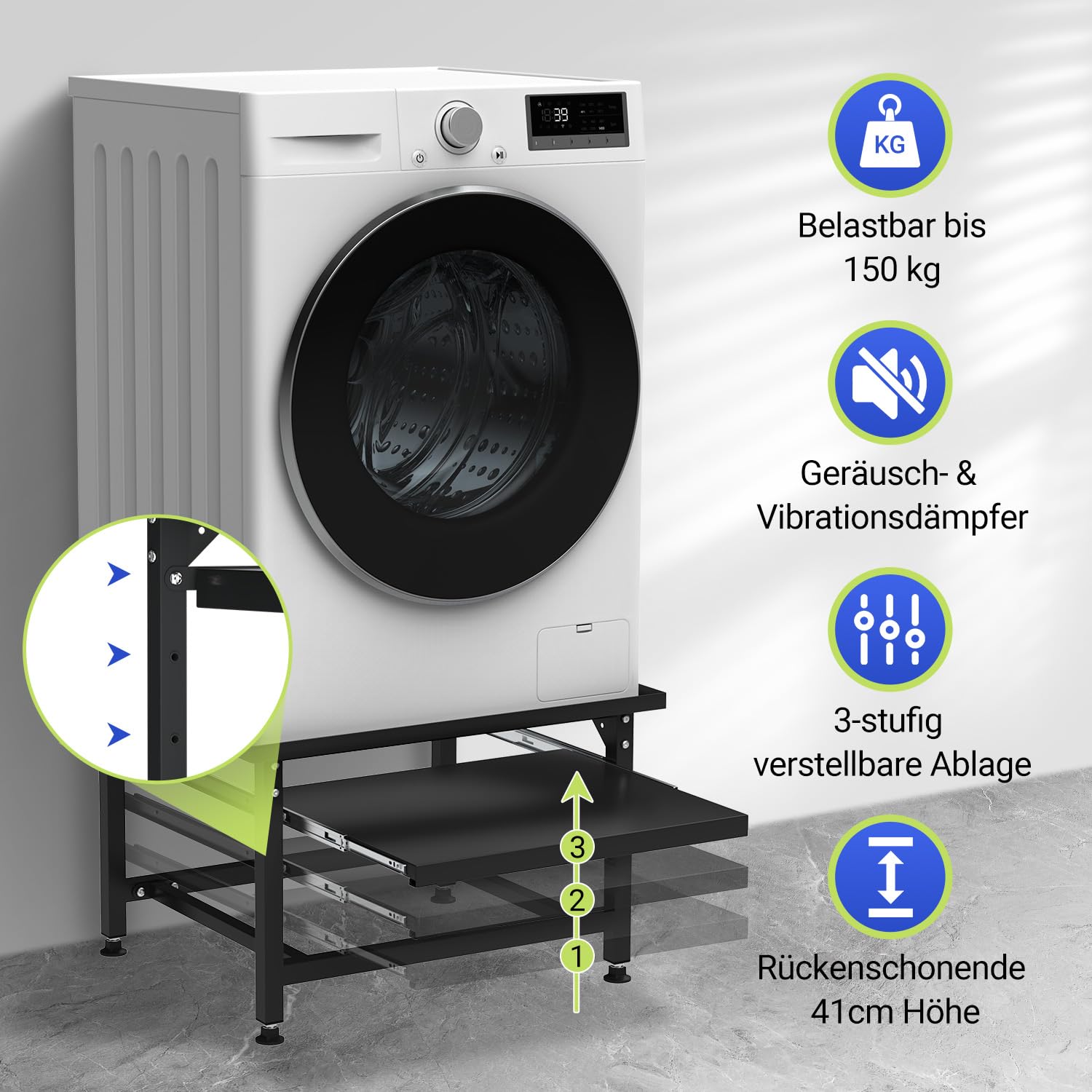 Herrselsam Base per lavatrice con ripiano estraibile, altezza 42 cm, piedini regolabili in altezza e assorbimento del rumore, base per lavatrice con cassetto estraibile a 3 livelli, portata 150 kg