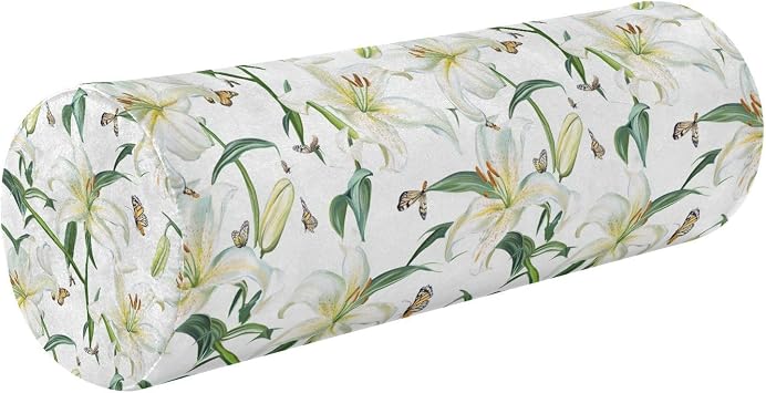Yuiboo Yoga Meditation Bolster Pillow Sweet Lily White Floral Cervical Neck Roll Pillow Cylinder 5.5" x 17" Round Pillow Inserts Cylinder Bolster Neckroll Decorative Pillows