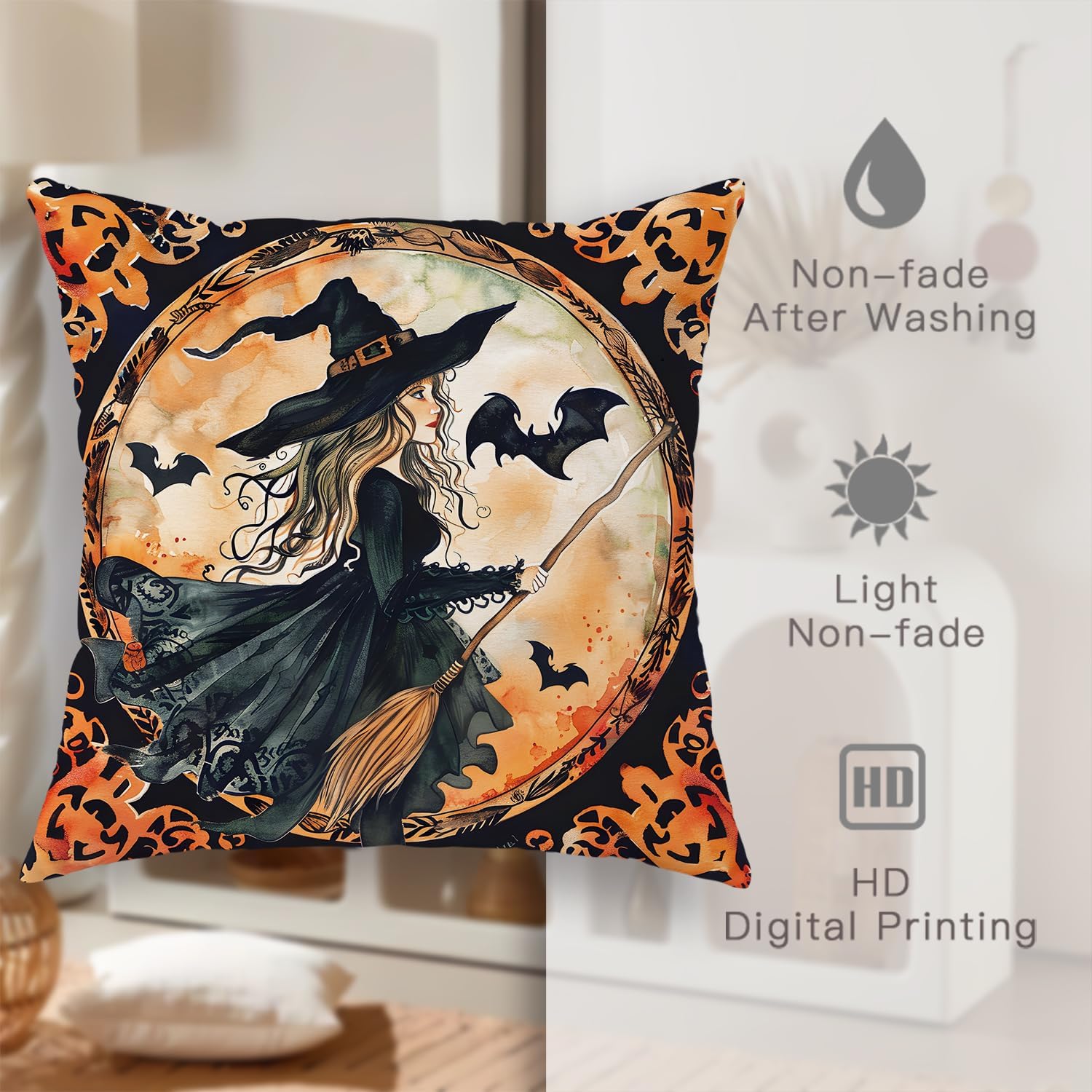 Halloween Aesthetic Retro Witch Throw Pillow Covers 20x20 Set of 4, Scary Pumpkin Cat Pillow Cases Kit with Zipper, Gothic Haunted House Bat Owl Velvet Decor for Couch Sofa Living Room Bed