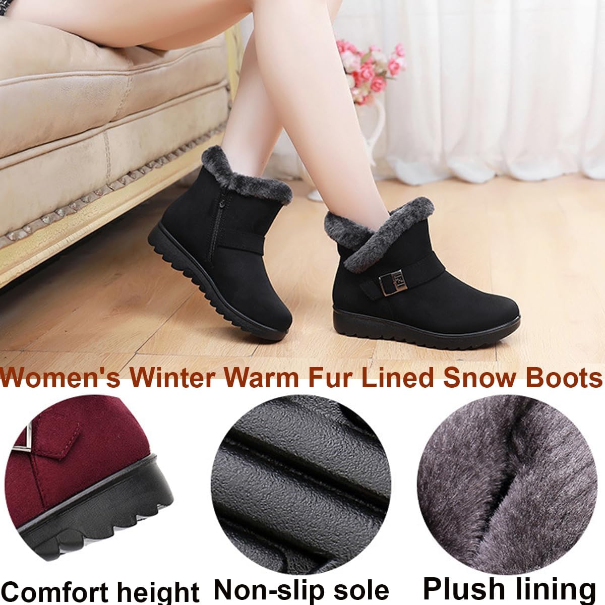 Women's Winter Warm Fur Lined Snow Boots,Buckle Suede Waterproof Zipper Anti-slip Warm Snow Short Booties,Winter Boots for Women Fashion Dressy
