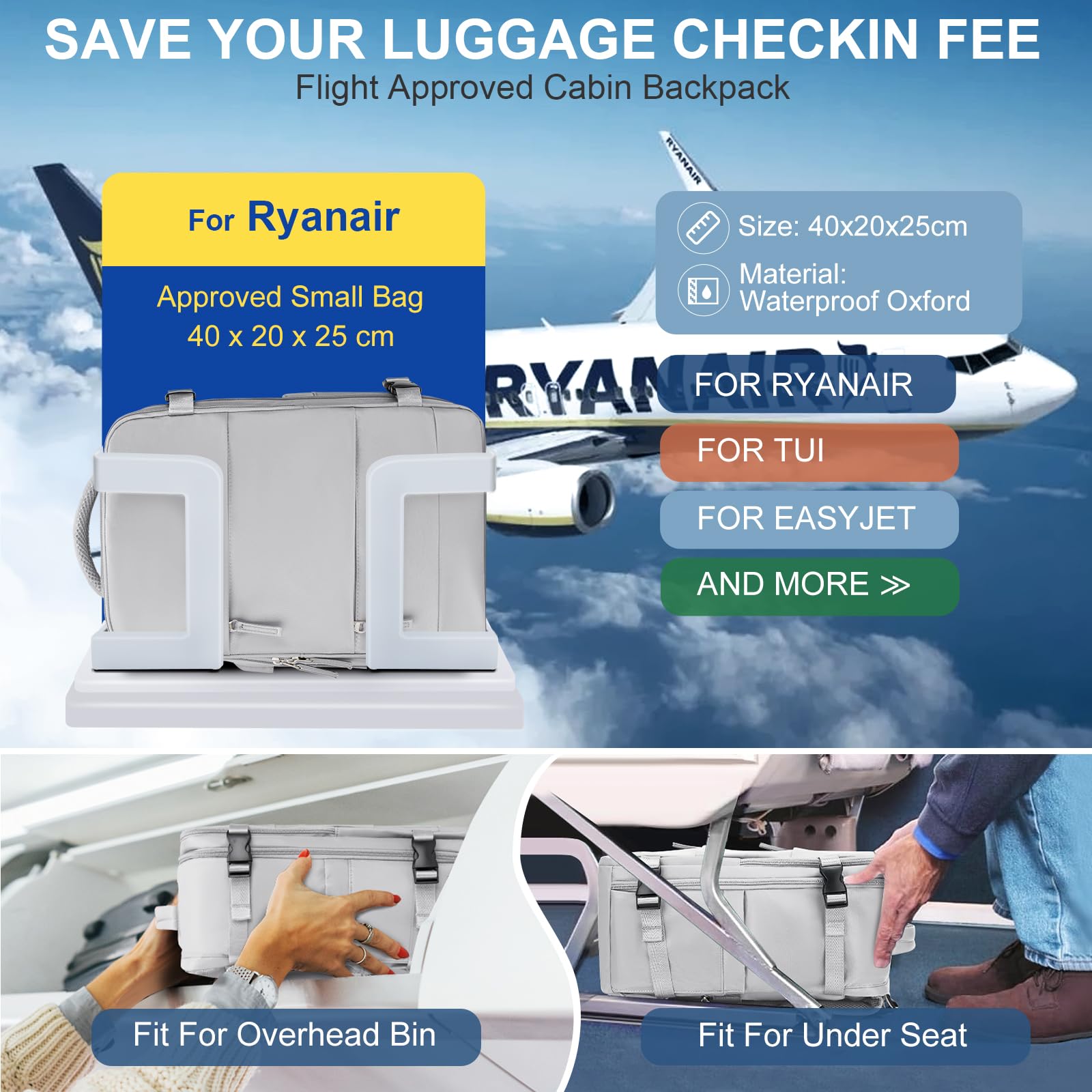 SZLX Zaino Ryanair 40x20x25 Donna Zaino da Viaggio Bagaglio a Mano 20L Uomo Borse da cabina 45x36x20 Easyjet Travel Backpack Adatto a laptop da 14 Pollici con scomparto per scarpe per Lavoro e Scuola